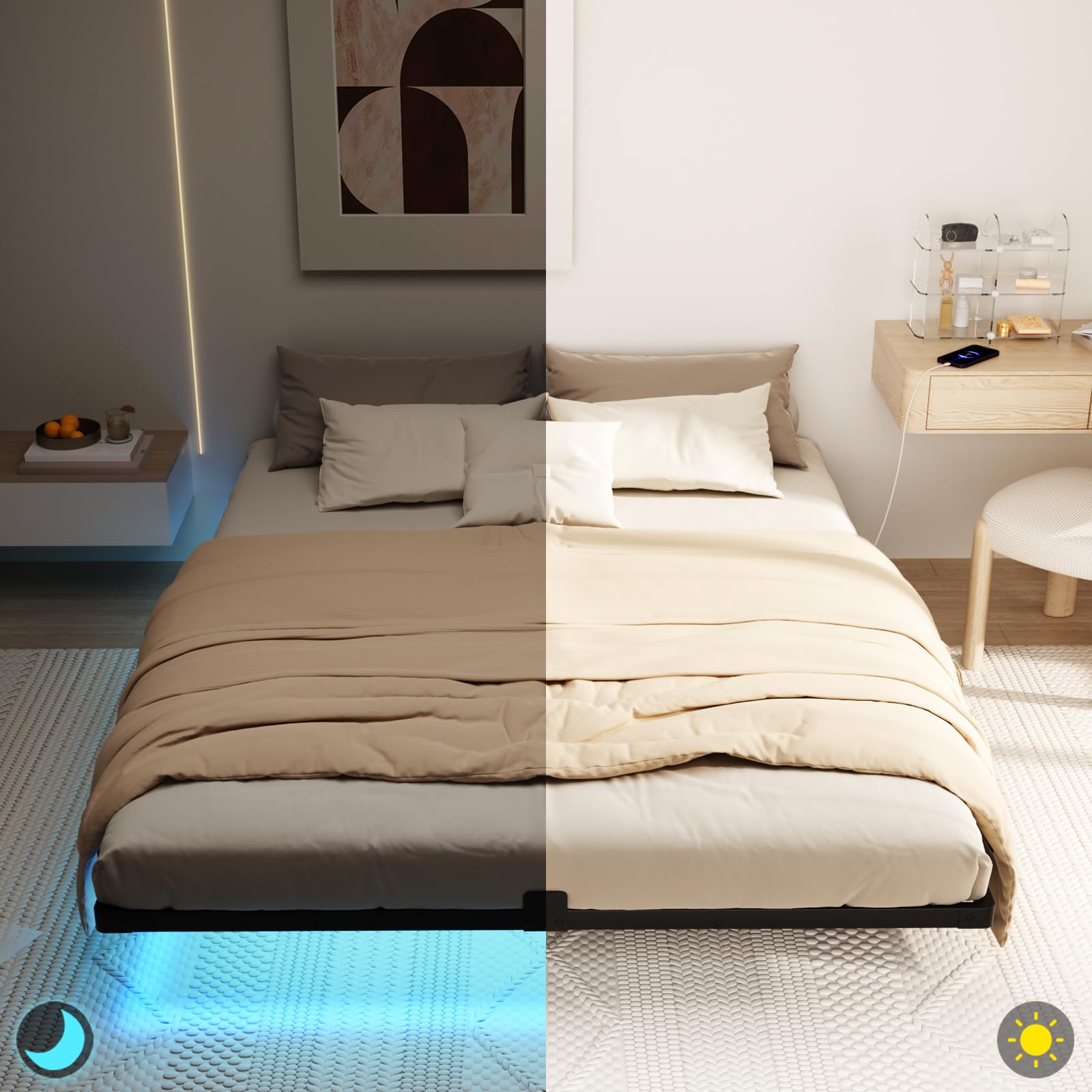 LOAKEKEL Queen Bed Frame, with USB Charging Station, Floating Bed Frame Queen Size with Smart LED Lights, Metal Platform Bed, Heavy Duty Steel Slat, No Box Spring Needed, Easy Assembly, HBF150BK 🍁 All In One Marketplace Canada