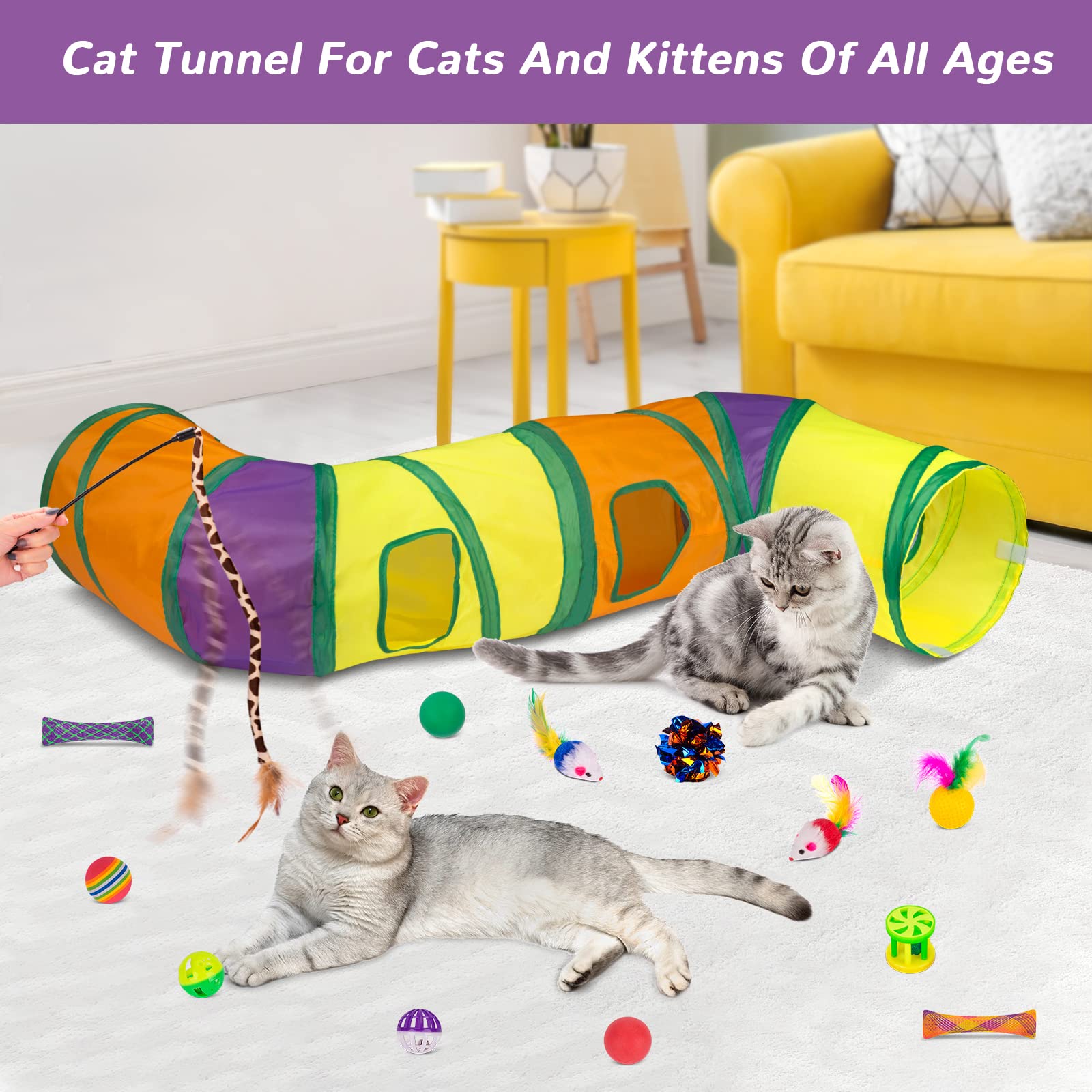 Retro Shaw Cat Toys Set 33 Pack, Cat Play Tunnel for Indoor Cats Kitty, Kitten Toys Include 2 Collapsible Cat Tunnels Tube Tent, Cat Feather Teaser Wand Springs Rainbow Bell Crinkle Ball Mouse Pompom 🍁 All In One Marketplace Canada