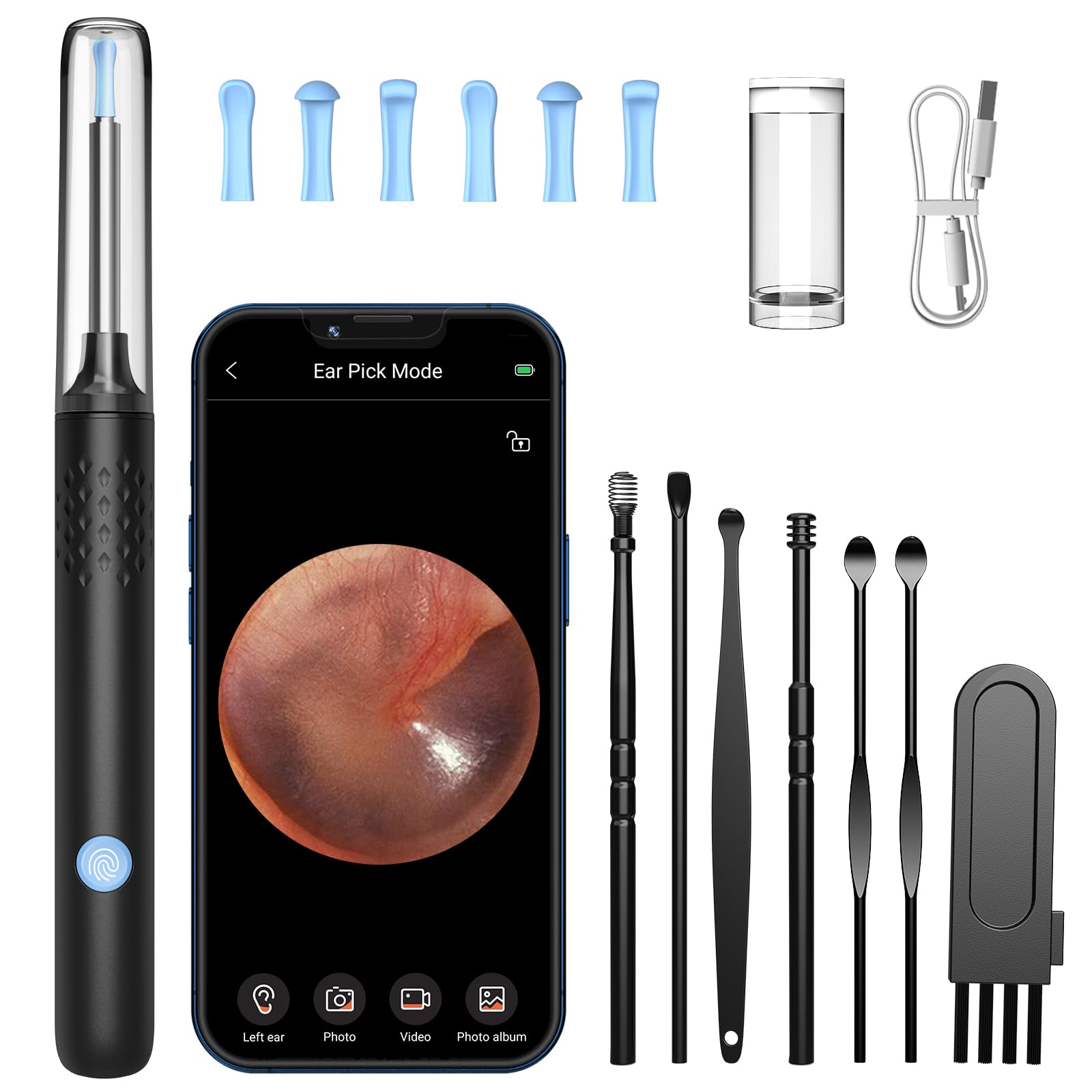LMECHN Ear Wax Removal, Ear Cleaner with 7 Pcs Ear Set, Ear Wax Removal Tool Camera with 1080P Ear Otoscope & 6 LED Lights, Wireless Ear Pick for Ear Cleaning with 6 Ear Spoons Black 🍁 All In One Marketplace Canada