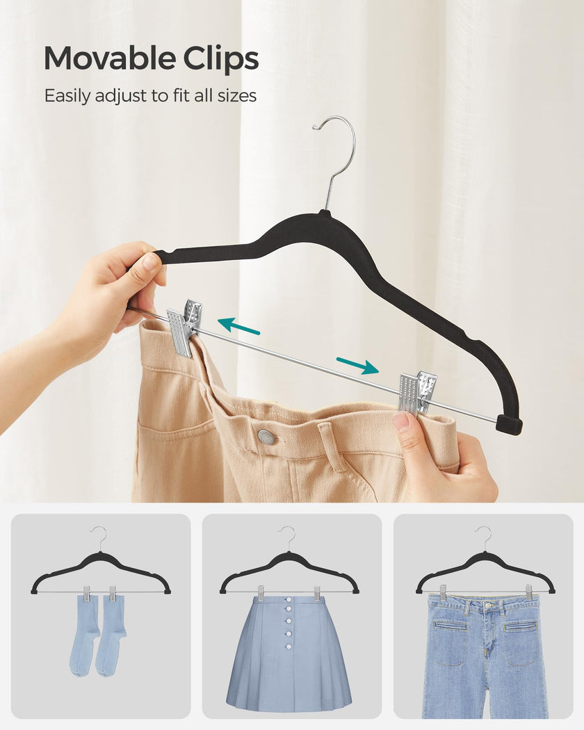 SONGMICS 30-Pack Pants Hangers, 42.5 cm Long Velvet Trousers Hangers with Adjustable Clips, Heavy-Duty, Non-Slip, Space-Saving for Pants, Skirts, Coats, Dresses, Tank Tops, Black UCRF12B30 🍁 All In One Marketplace Canada