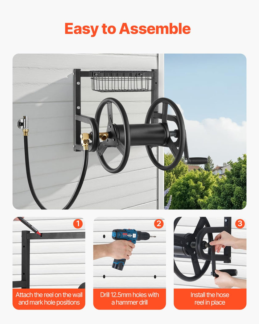 VEVOR Wall Mounted Garden Hose Reel, Holds 125 ft 5/8-inch Hose, Heavy-Duty Water Hose Winder, Space-Saving Design, Outdoor Manual Reel with Brass Fitting and Storage Basket for Yard Lawn 🍁 All In One Marketplace Canada