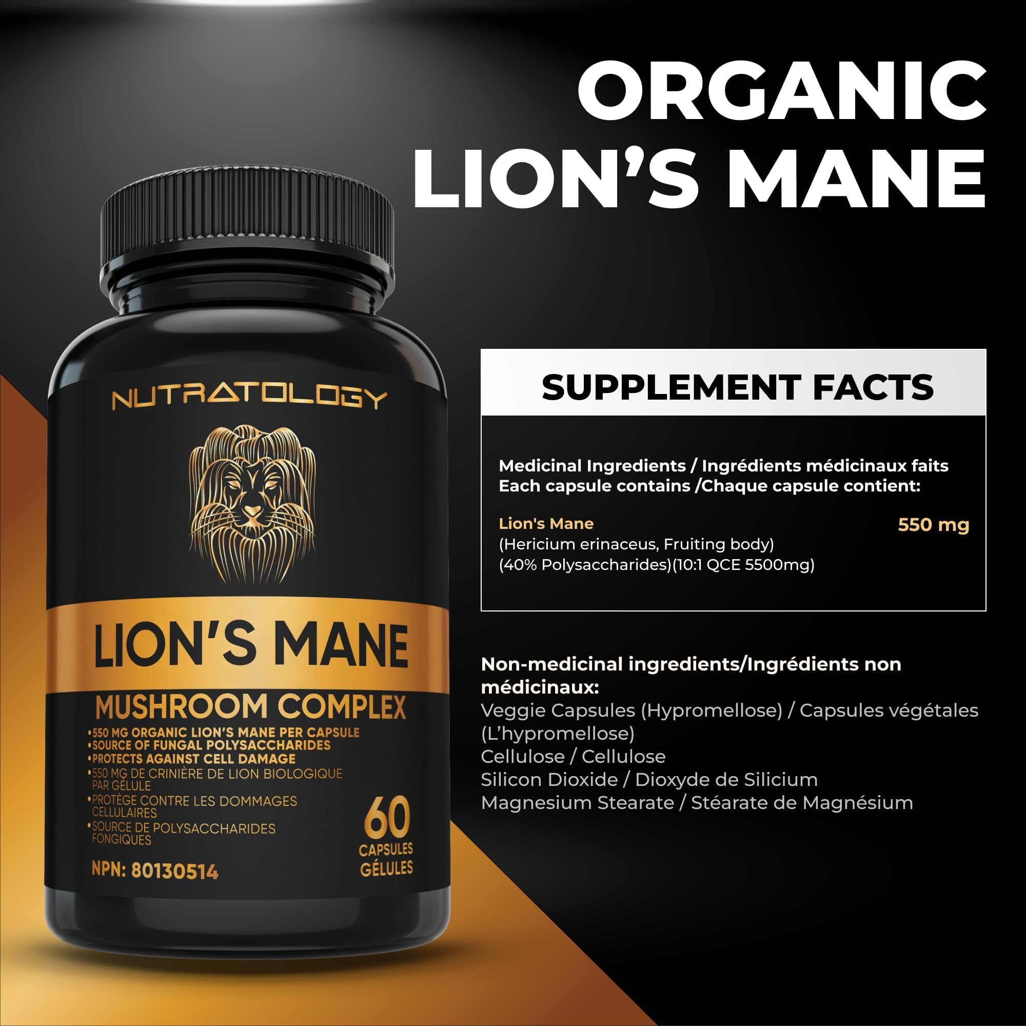Nutratology® Organic Lion's Mane Mushroom Capasules - Nootropic Functional Mushroom Supplements Made With 40% Polysaccharides & >20% Beta-Glucan | Supports Memory, Cognition & Brain Health - 60 Count 🍁 All In One Marketplace Canada