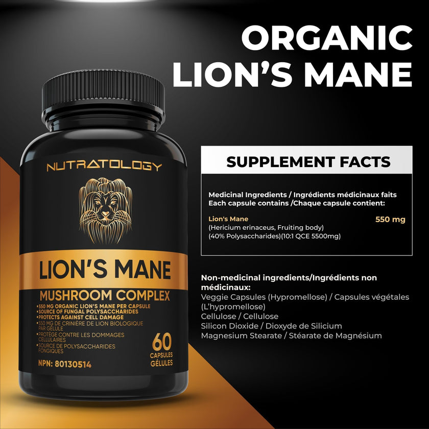 Nutratology® Organic Lion's Mane Mushroom Capasules - Nootropic Functional Mushroom Supplements Made With 40% Polysaccharides & >20% Beta-Glucan | Supports Memory, Cognition & Brain Health - 60 Count 🍁 All In One Marketplace Canada