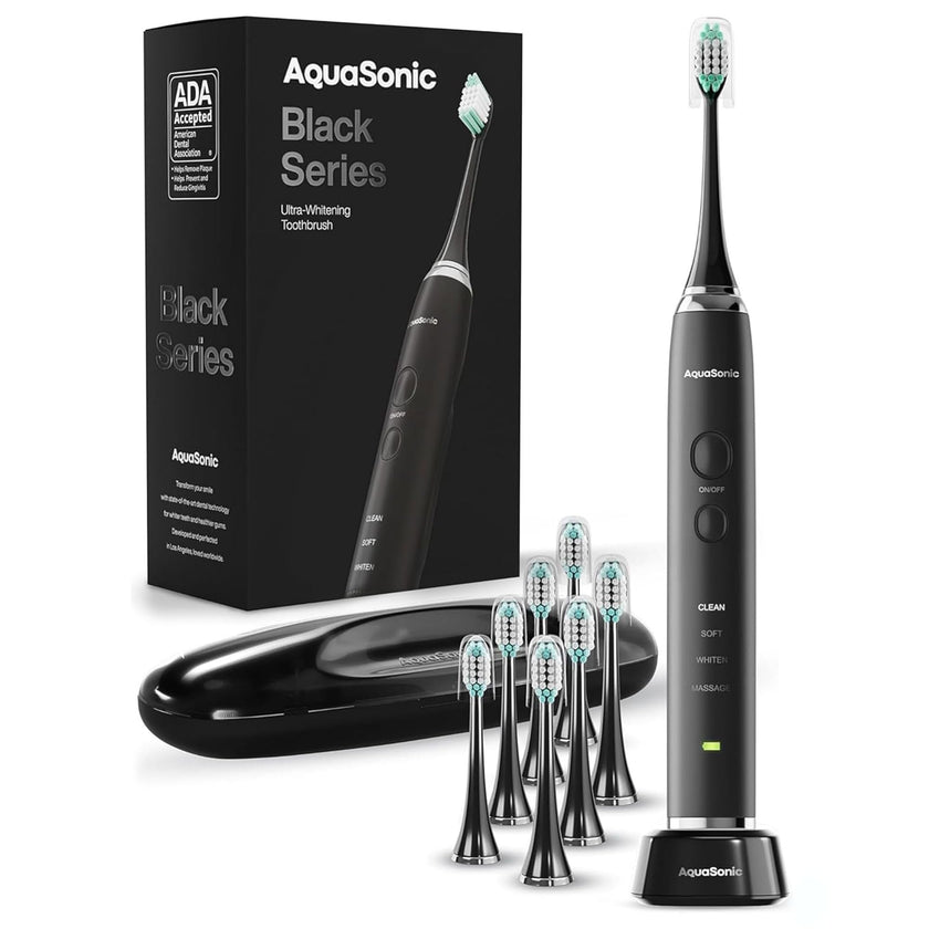 Aquasonic Black Series Ultra Whitening Electric Toothbrush | ADA Accepted Rechargeable Toothbrush, 8 Brush Heads & Travel Case, 40,000 VPM Electric Motor & Wireless Charging - 4 Modes with Smart Timer 🍁 All In One Marketplace Canada