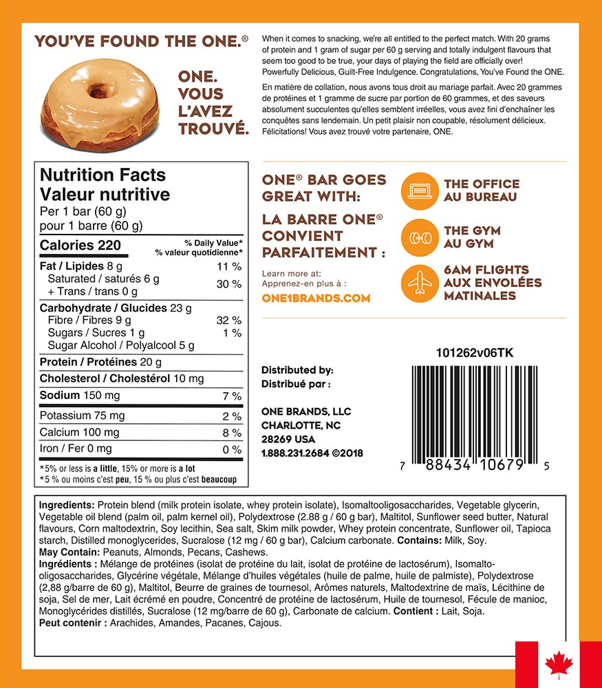 ONE Protein Bars, Maple Glazed Doughnut, Gluten Free Protein Bars with 20g Protein and only 1g Sugar, Snacking for High Protein Diets, 60g (12 Pack) [Packaging May Vary] 🍁 All In One Marketplace Canada