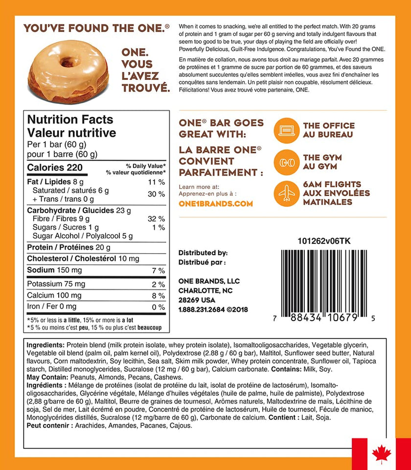 ONE Protein Bars, Maple Glazed Doughnut, Gluten Free Protein Bars with 20g Protein and only 1g Sugar, Snacking for High Protein Diets, 60g (12 Pack) [Packaging May Vary] 🍁 All In One Marketplace Canada