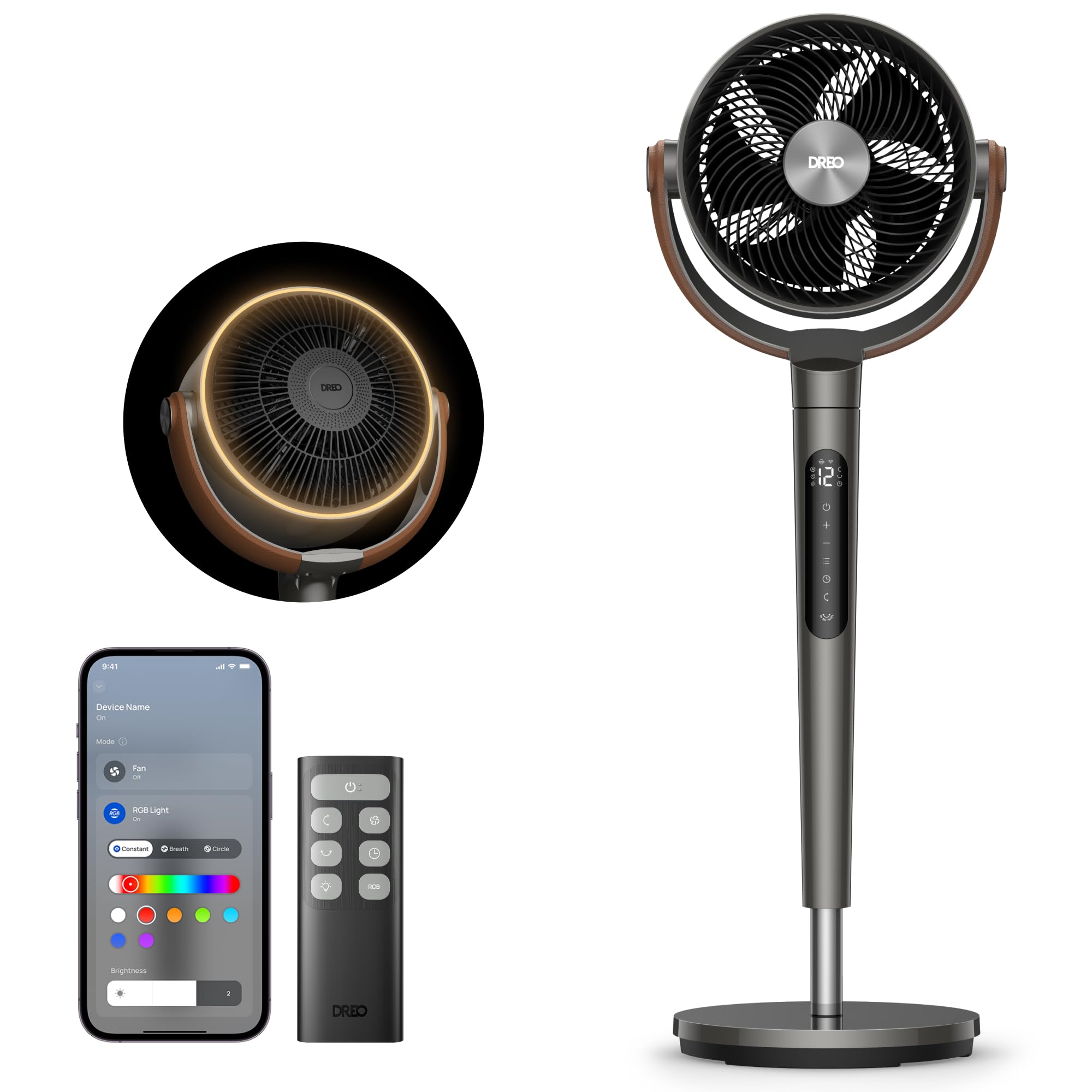 DREO Smart Fan For Bedroom, Standing Fans for Home, 120°+150° Oscillating Pedestal Fan Wi-Fi/Voice Control, 100ft 20db Quiet Circulator RGB Fan, DC Motor, 6 Modes, 12 Speeds, 37-42'' Adjustable Height 🍁 All In One Marketplace Canada