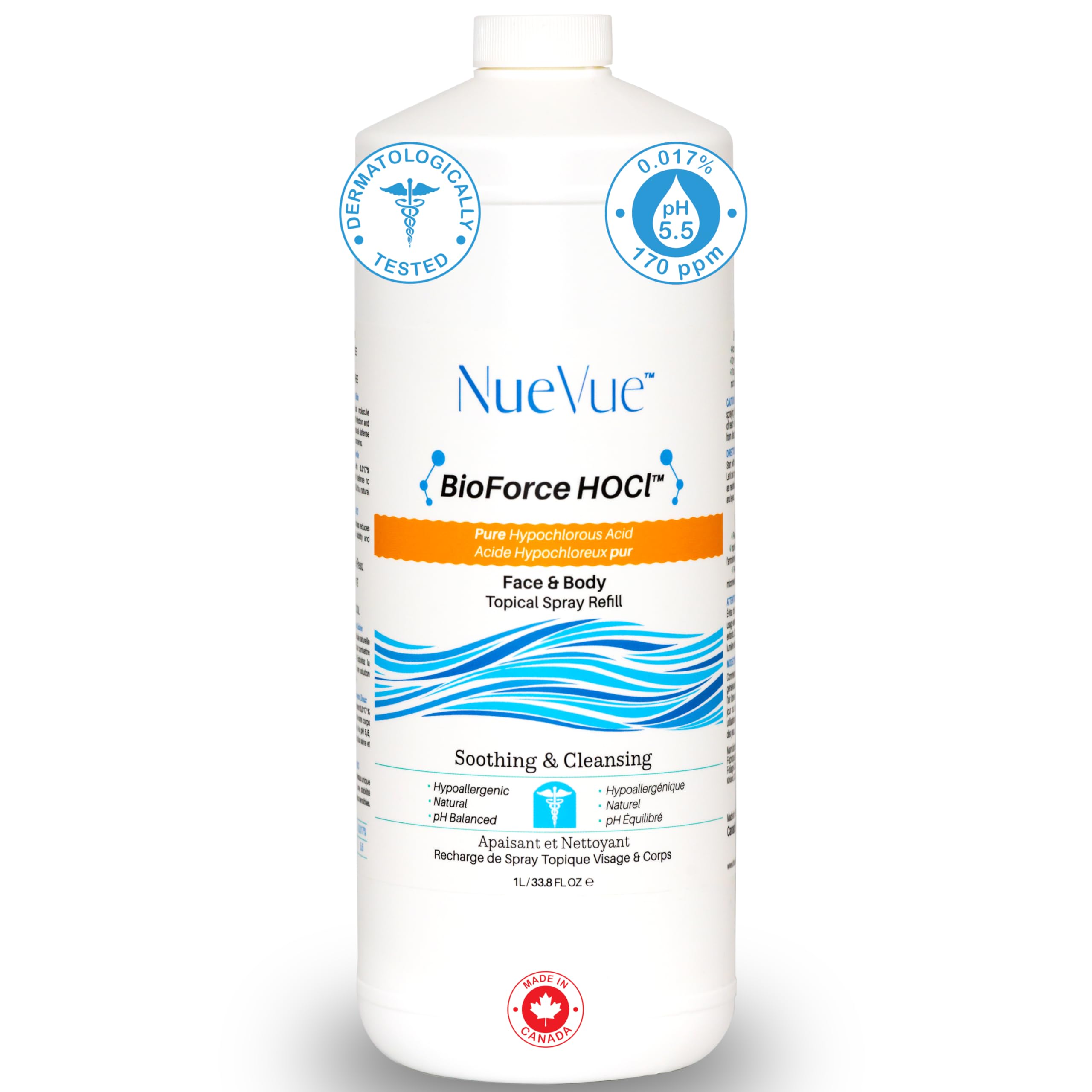 BioForce 1 Liter Hypochlorous Acid Spray Refill For Face & body - Acne-Prone Skin & Eczema, Piercing aftercare, Tattoo Aftercare, Made in Canada, All-in-One Gentle facial Cleanser & Toner, pH Balanced, Hypoallergenic & Non-comedogenic by NueVue (33.8 fl o