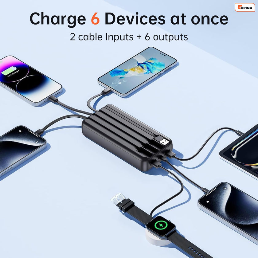 Portable Charger with Built in Cables, 50000mAh Power Bank Fast Charging 6 Outputs 2 Inputs with LED Display External Battery Pack Compatible with Cellphones Tablets AirPods etc 🍁 All In One Marketplace Canada