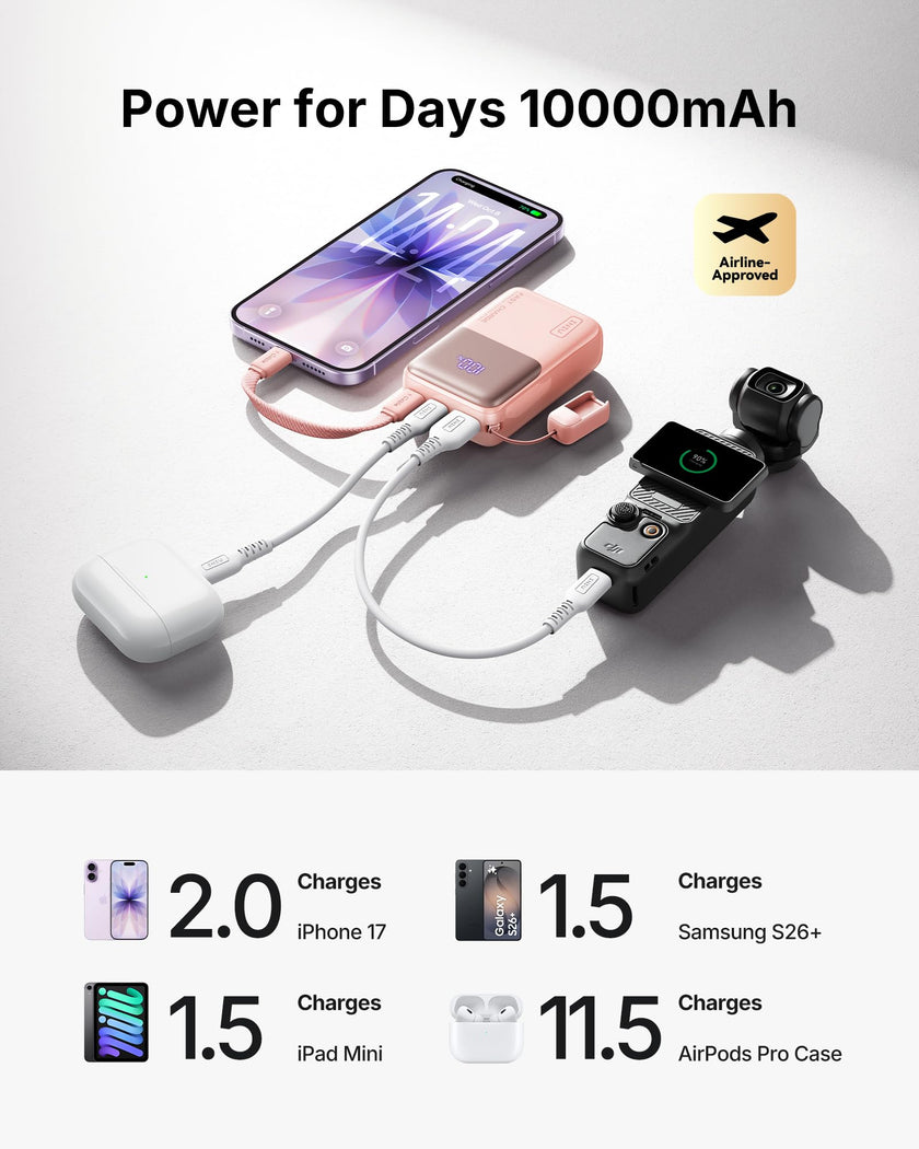 INIU Power Bank, Ultra Mini 10000mAh 45W Fast Charging Portable Charger, USB C Battery Pack with Cable, Flight-Safe Travel Powerbank for iPhone 17 16 15 14 13 12 Pro Max Air, Samsung S26 S25 S24, Pink 🍁 All In One Marketplace Canada