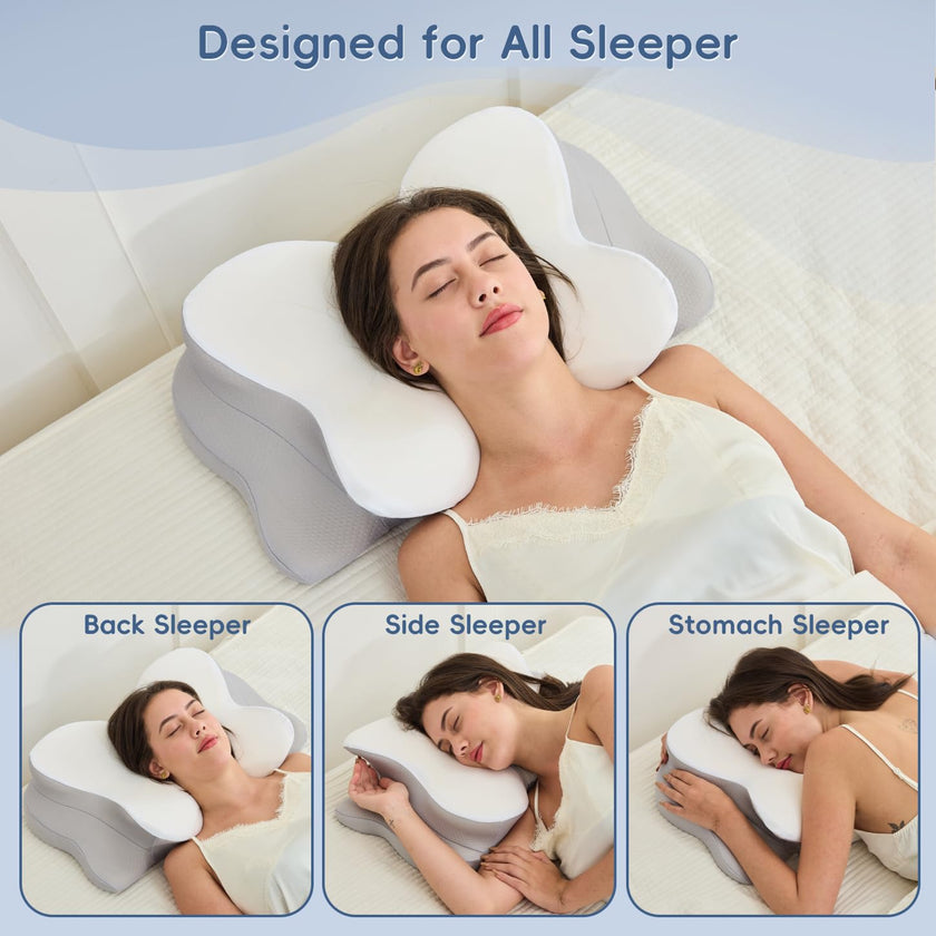 SNUGUP Ergonomic Cervical Neck Pillow, Memory Foam Neck Support Pillow with Contoured Design, Breathable Removable Pillowcase, for Side Back Stomach Sleepers, White 🍁 All In One Marketplace Canada