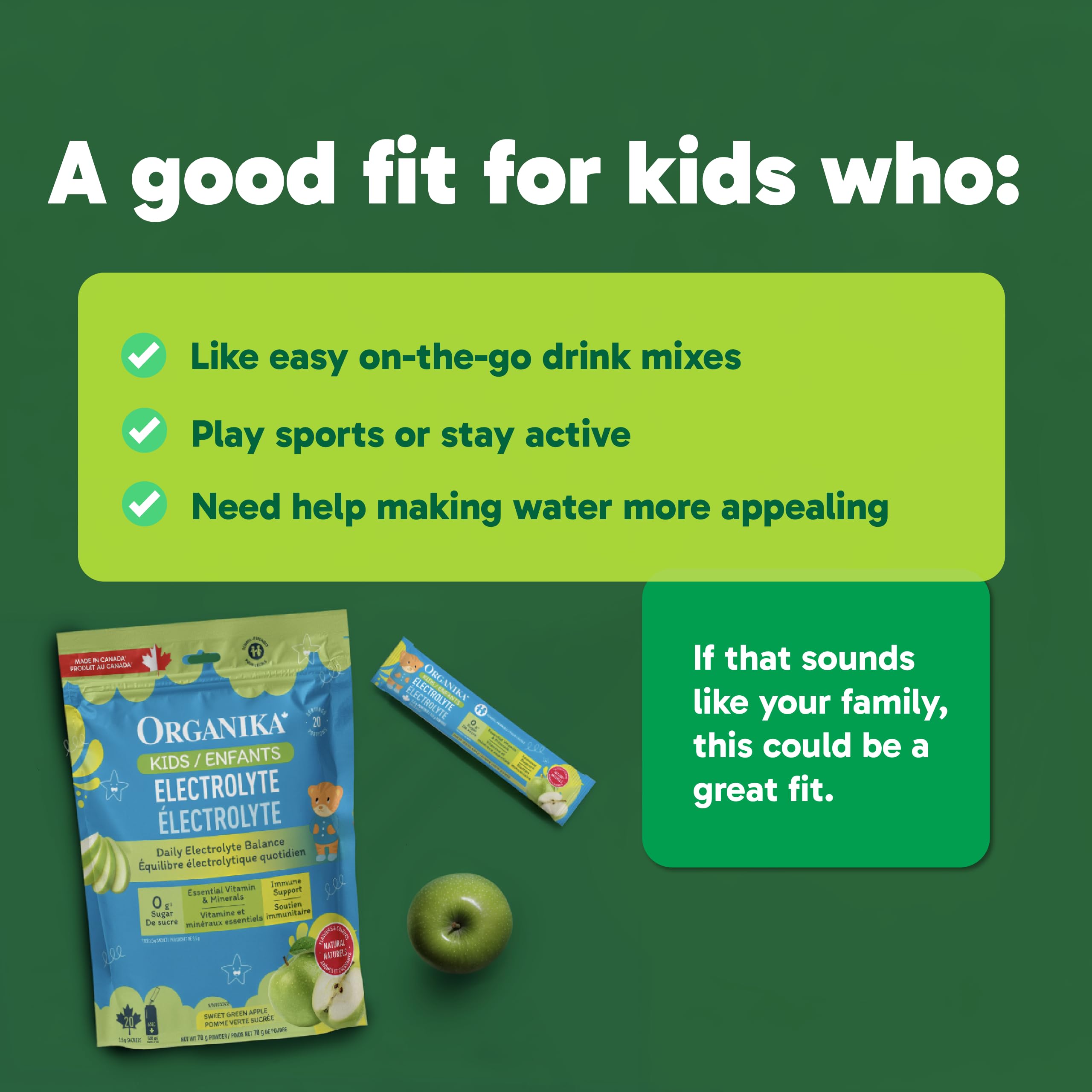 Organika Kids Electrolytes Powder Sticks - Sugar-Free Hydration + Immune support with 100% of daily Vitamin C, Minerals and Prebiotic Fibre | Green Apple Flavour - 3.5g x 20 sachets 🍁 All In One Marketplace Canada