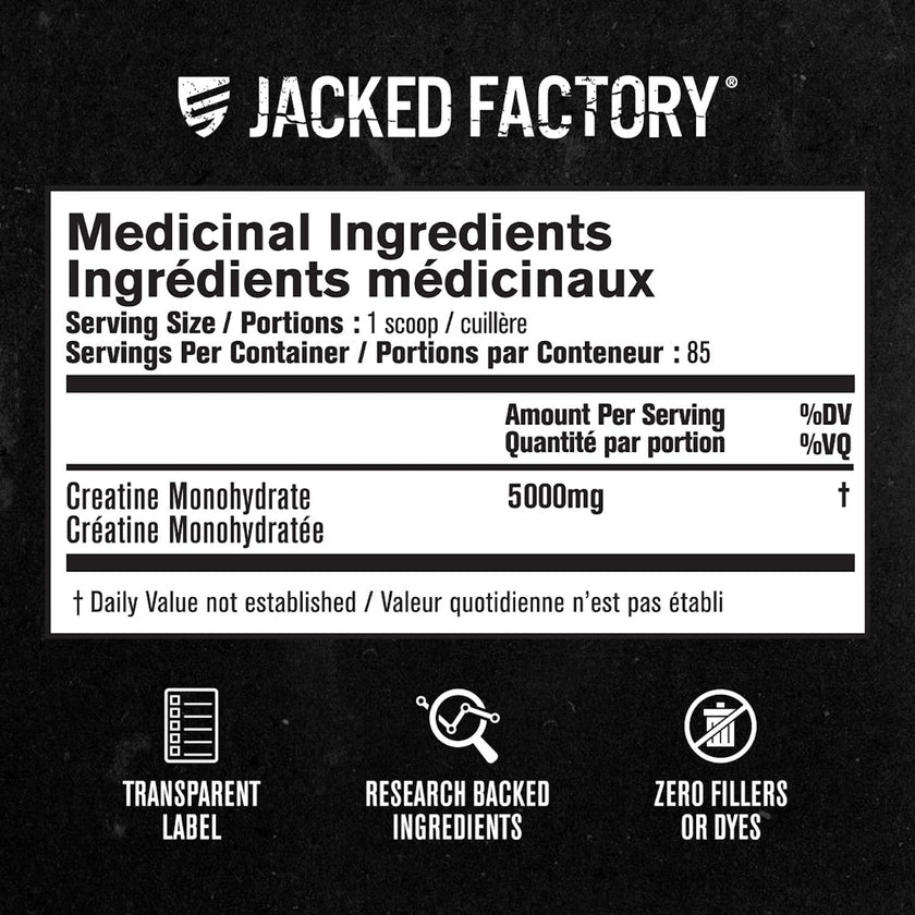 Jacked Factory Creatine Monohydrate Powder 425g - Canadian-Owned Informed Choice Certified Supplement for Increased Muscle Mass*, Improved Strength, Power, & Performance** - 85 Servings, Unflavored 🍁 All In One Marketplace Canada