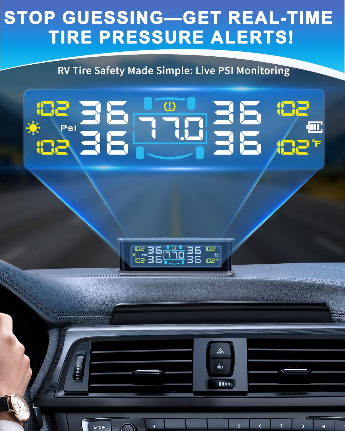 Flydew RV Tire Pressure Monitoring System (TPMS) - TPMS sensors Set of 4 | Solar/USB Charger | LCD Display | for RV/Truck/SUV/MPV/Sedan | TPMS Kit 🍁 All In One Marketplace Canada