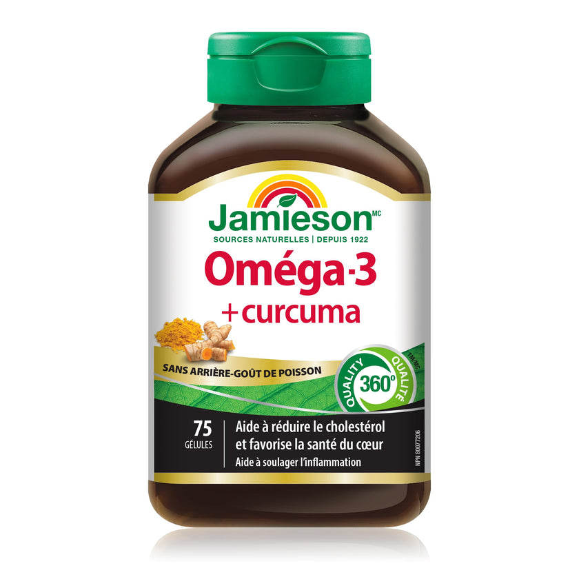 Jamieson Omega-3 + Turmeric Softgels, No Fishy Aftertaste, Supports Heart, Brain, and Joint Health. Fish Oil, Reduces Cholesterol and Inflammation, with EPA and DHA, Gluten-Free, 75 Count, Proudly Canadian 🍁 All In One Marketplace Canada