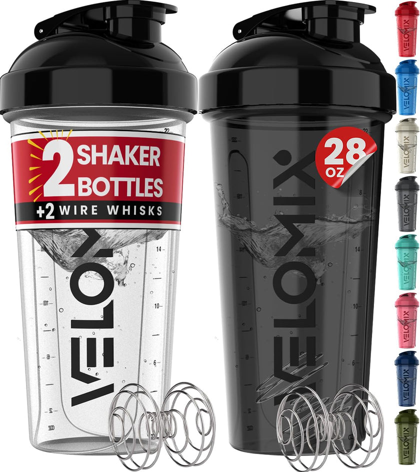 VELOMIX -2 Pack- 28 oz Protein Shaker Bottles for Protein Mixes - 2x Wire Whisk | Leak Proof Shaker Cups for Protein Shakes | Protein Shaker Bottle Pack | Shakers (Transparent & Black - 28oz) 🍁 All In One Marketplace Canada