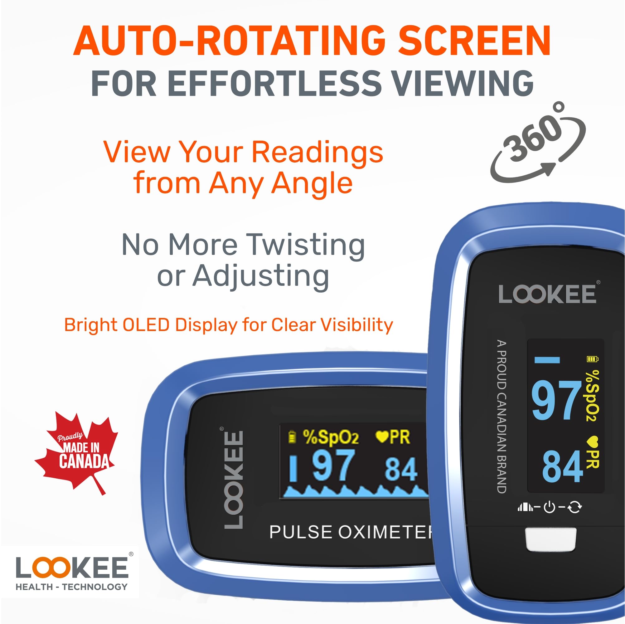 LOOKEE LK50D1 Deluxe Fingertip Pulse Oximeter | Proudly Canadian Finger SpO2 Blood Oxygen Monitor with Auto Rotate OLED Display, Plethysmograph & Pulse Graph | Blue 🍁 All In One Marketplace Canada
