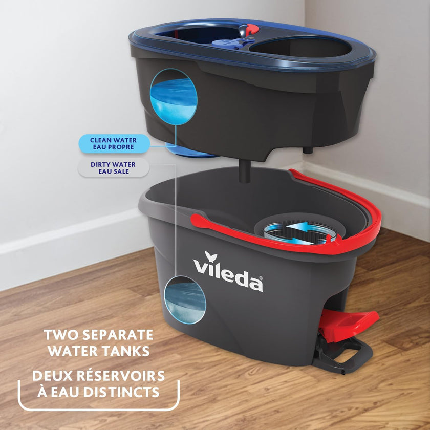 Vileda EasyWring RinseClean Spin Mop & Bucket System with 1 Extra Refill | 2-Tanks Separate Clean and Dirty Water | Machine Washable and Reusable Microfiber Mop Head | Hands-Free Wringing Mop Bucket 🍁 All In One Marketplace Canada