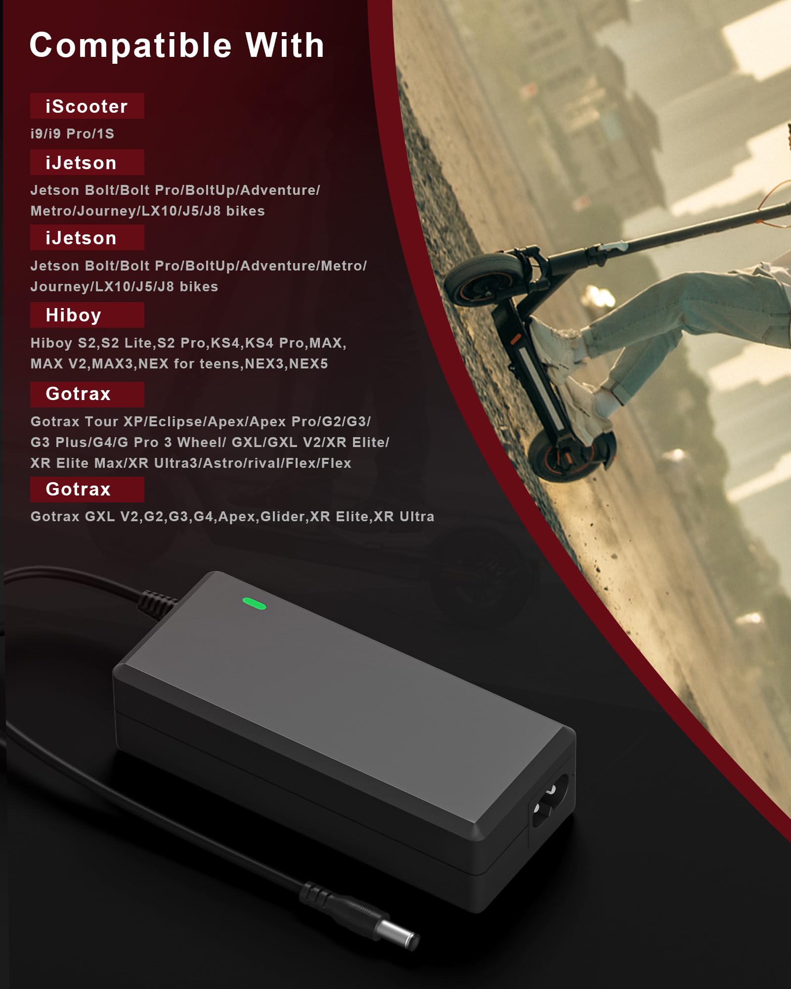 42V 2A Electric Scooter Charger for GOTRAX GXL V2,G2,G3,G4,Hiboy S2 Pro,Jetson Bolt/Bolt Pro/Adventure/Metro/Journey/LX10/ J5/J8 Bikes 🍁 All In One Marketplace Canada