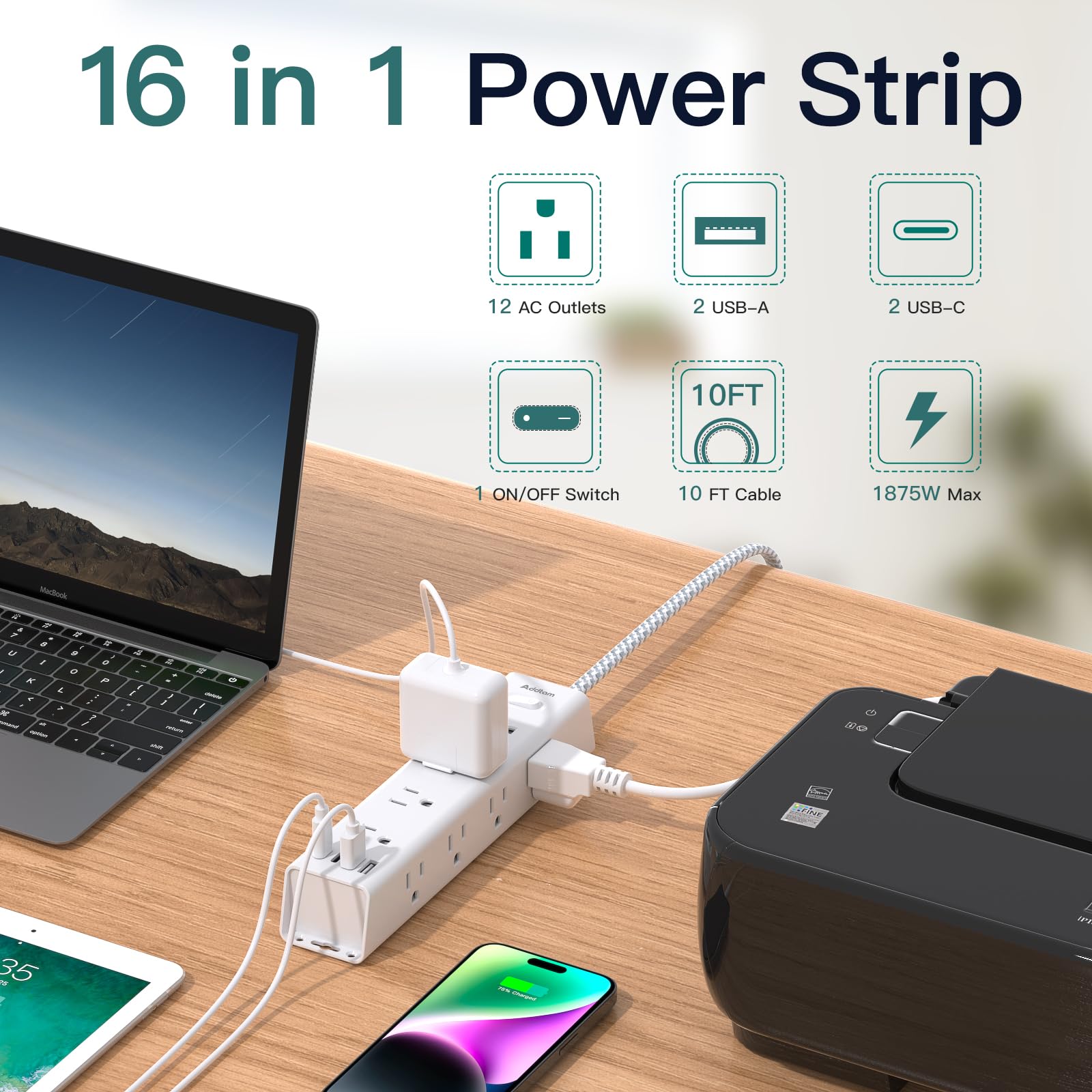 Surge Protector Power Bar - 10 FT Extension Cord, Power Strip with 12 Widely AC Outlet 4 USB, Flat Plug, Wall Mount Overload Protection, 1050J, Desk Charging Station for Dorm Home Office 🍁 All In One Marketplace Canada
