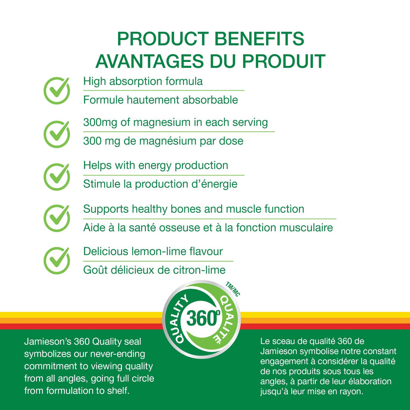 Jamieson Magnesium Bisglycinate 300 mg Per Serving, Powder Natural Lemon-Lime Flavour, 228 g, Supports Muscle Function, Bone Health, Boosts Energy. No Artificial Colours, Flavours or Preservatives 🍁 All In One Marketplace Canada