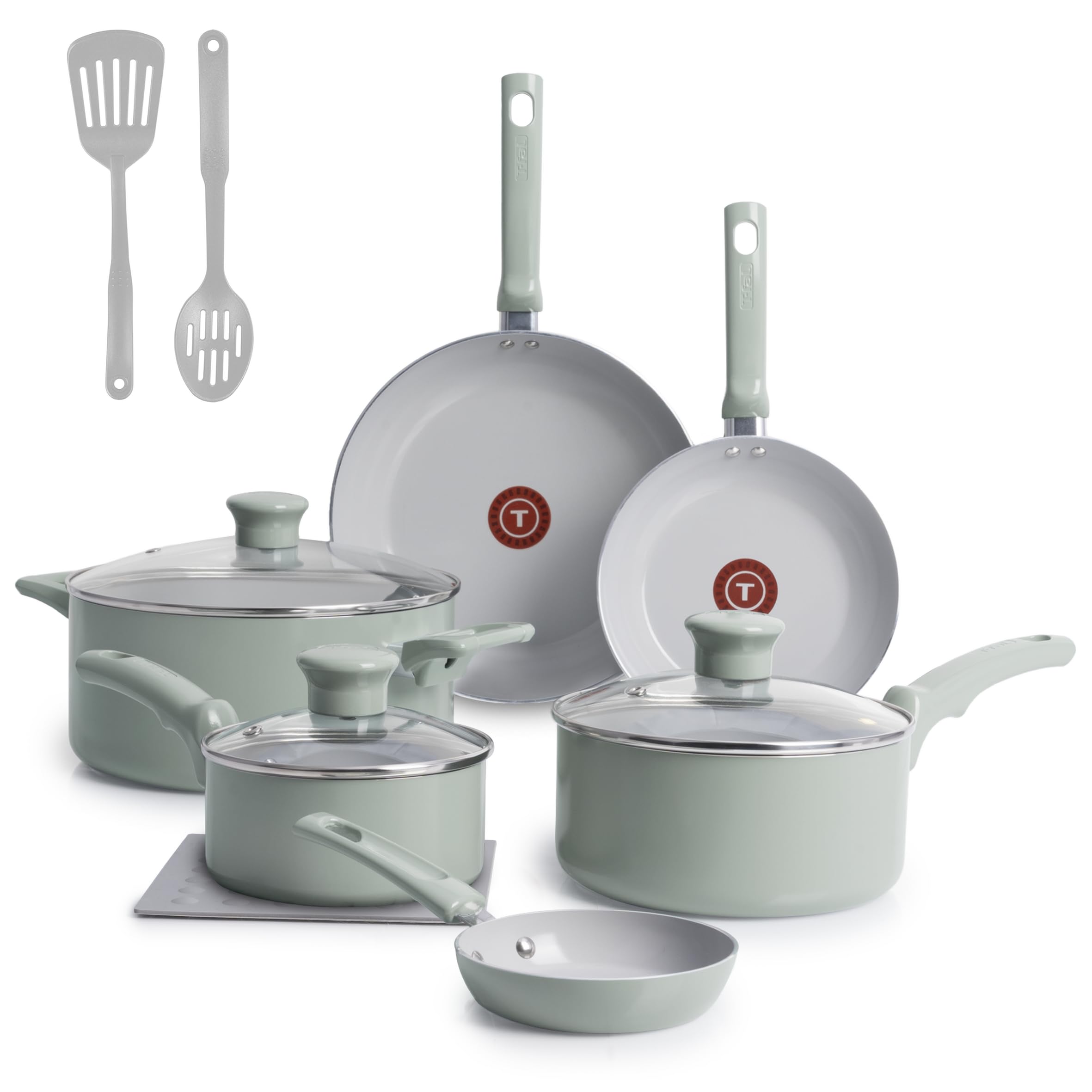 T-Fal Refresh Ceramic Nonstick 12-Piece Cookware Set, Oven Safe Up to 350ºF, Includes Stockpot, Griddle, Frying Pan, Utensils, Ceramic Cookware, Mint Green 🍁 All In One Marketplace Canada