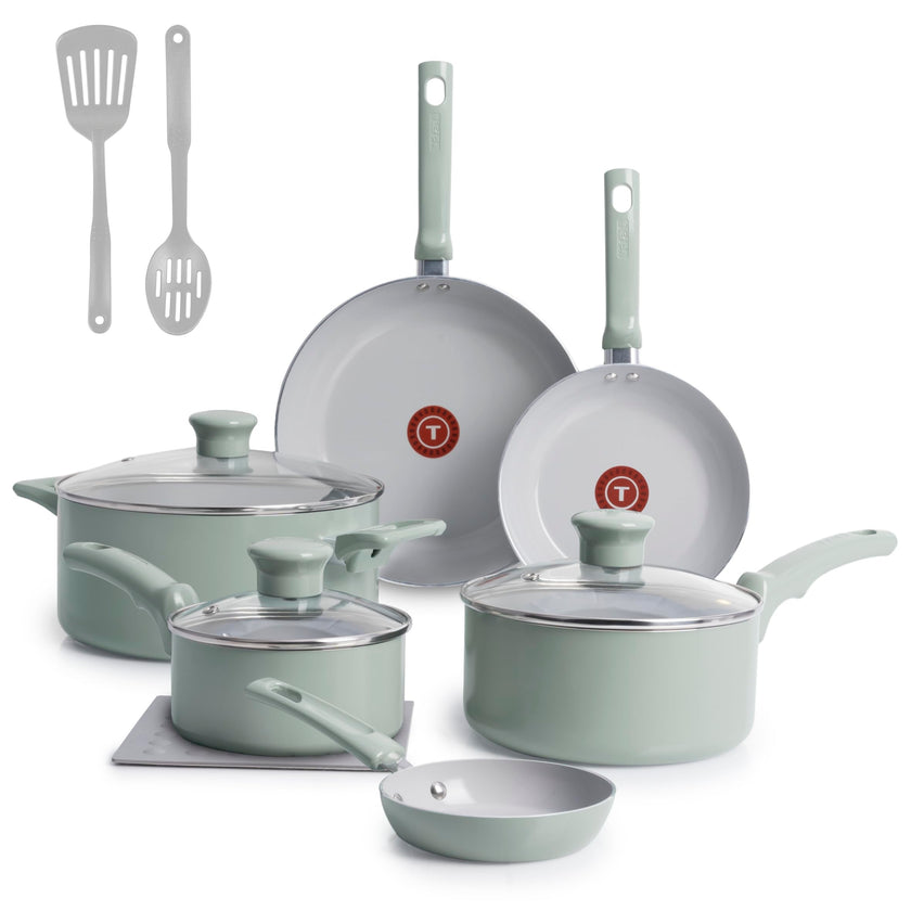 T-Fal Refresh Ceramic Nonstick 12-Piece Cookware Set, Oven Safe Up to 350ºF, Includes Stockpot, Griddle, Frying Pan, Utensils, Ceramic Cookware, Mint Green 🍁 All In One Marketplace Canada