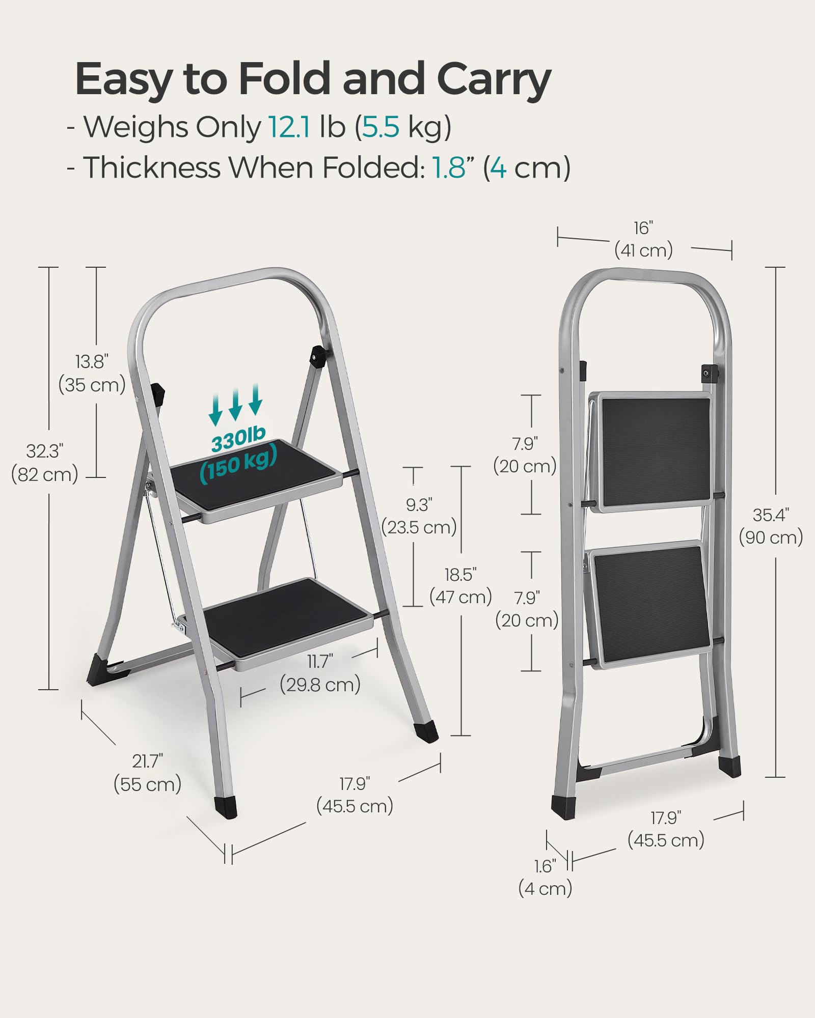 SONGMICS Step Ladder, 2-Step Ladder, Folding Ladder, Safety Lock, Space-Saving Storage, Holds up to 330 lb, Dove Gray UGSL012G01 🍁 All In One Marketplace Canada