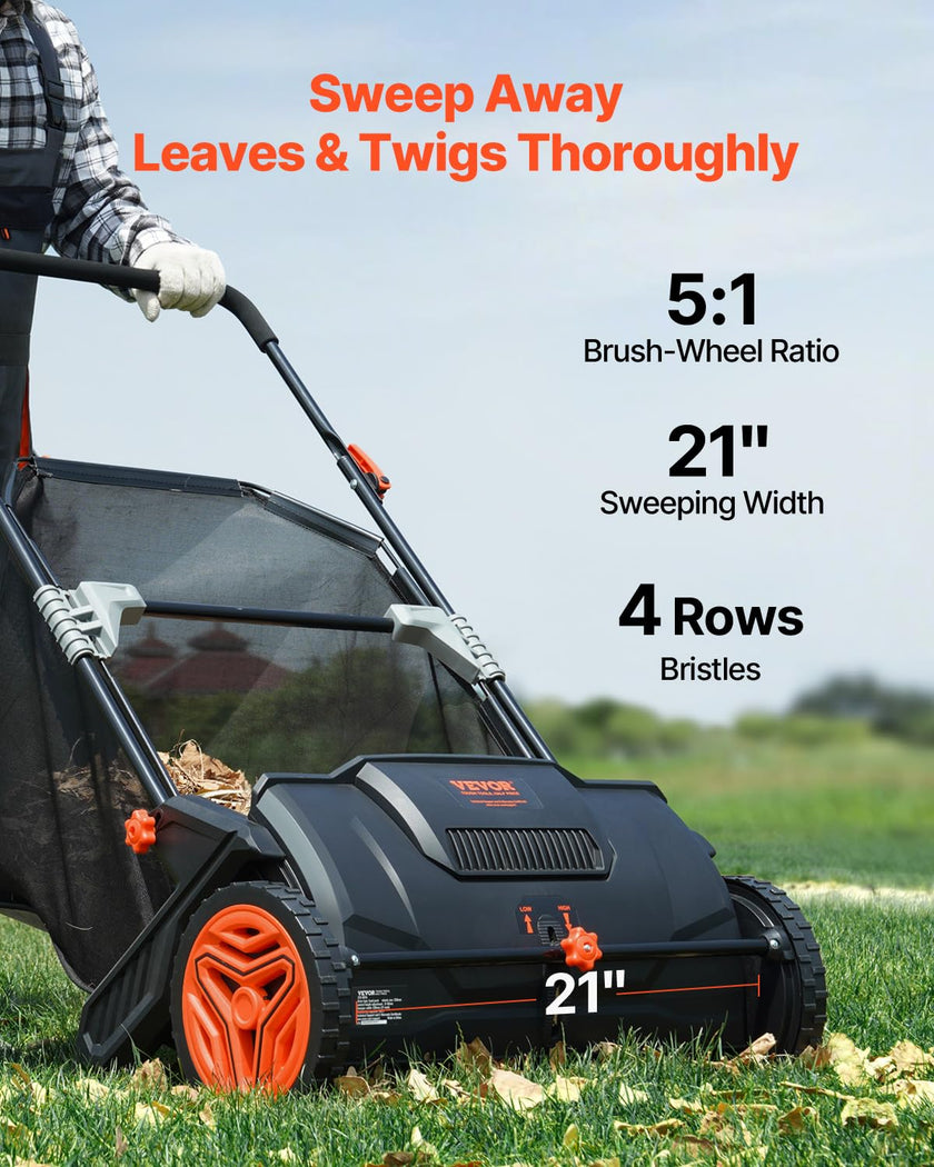 VEVOR Push Lawn Sweeper, 21-inch Leaf & Grass Collector, Strong Wheels & Heavy Duty Thickened Steel Durable to Use with Large Capacity 3.5 cu. ft. Mesh Collection Hopper Bag, 2 Spinning Brushes 🍁 All In One Marketplace Canada