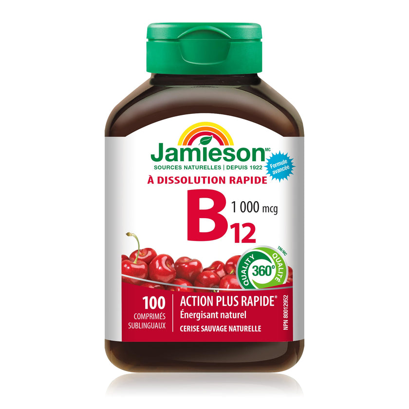 Jamieson Vitamin B12 Methylcobalamin 1,000 mcg, Fast Dissolving, Faster Acting, Naturally Energizing, and Supports Metabolism. Vegetarian, Gluten-Free, Natural Wild Cherry Flavour, 100 Sublingual Tablets, Proudly Canadian 🍁 All In One Marketplace Canada