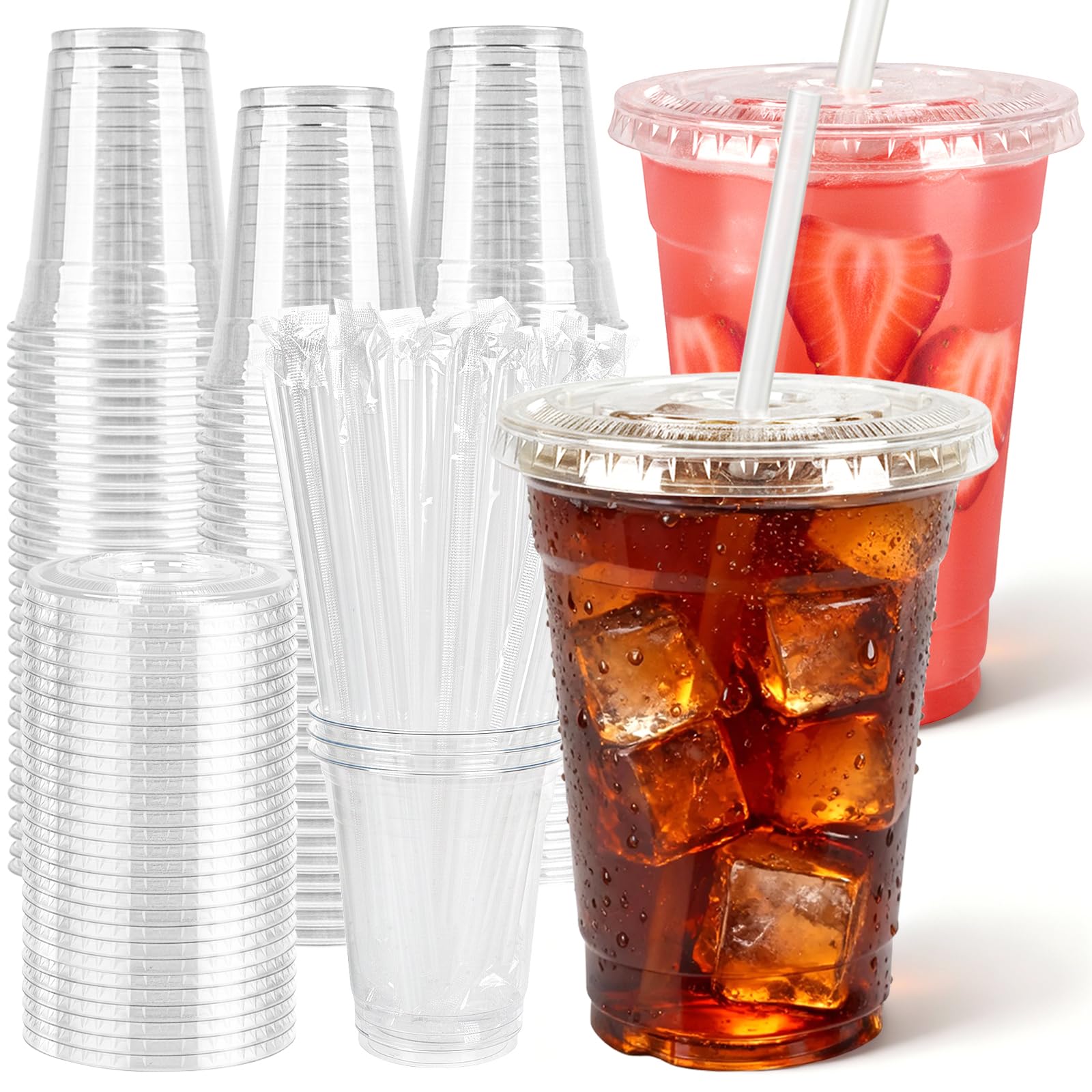 100 Pcs Clear Plastic Cups with Flat Lids and Straws, 12 oz Disposable PET Iced Coffee Cups - Ideal for Ice Coffee, Smoothie, Juice, Lemonade, Cold Beverages﻿ 🍁 All In One Marketplace Canada