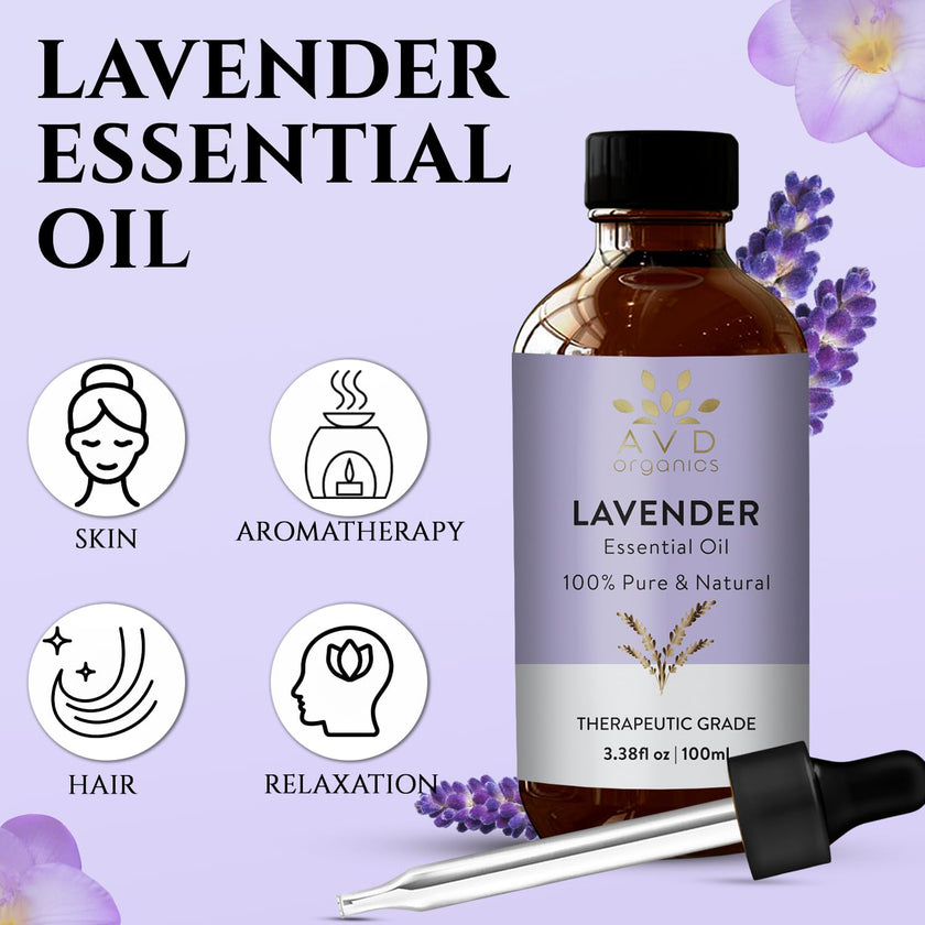 AVD Organics Lavender Essential Oils 100ml | 100% Pure & Natural Lavender Oil Skin | Massage, Aromatherapy, Diffuser, Laundry & Meditation | 3.38 fl. oz 🍁 All In One Marketplace Canada