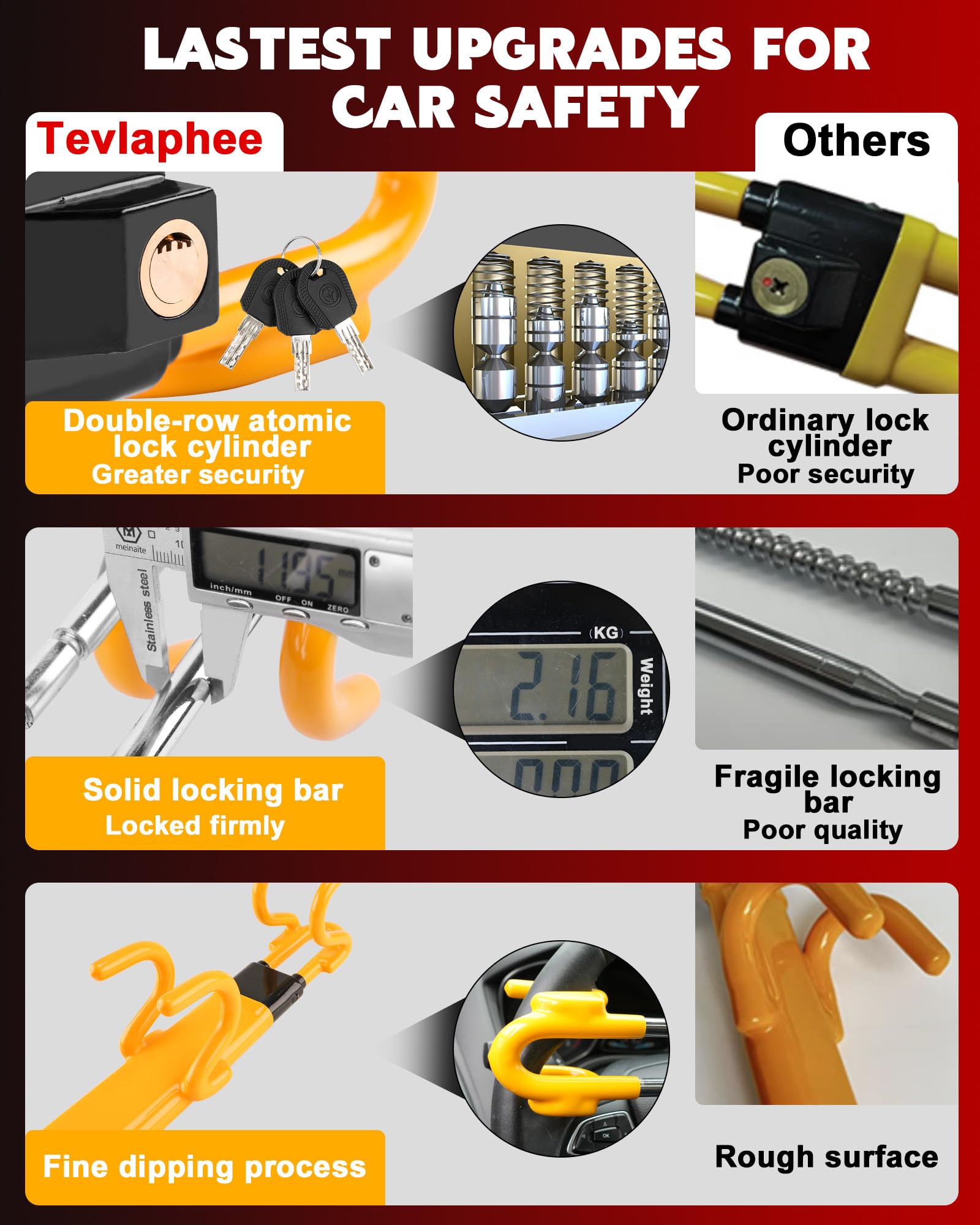 Tevlaphee Steering Wheel Lock Anti-Theft Car Device Heavy Duty Security Car Lock Antitheft Locking Devices Great Deterrent Adjustable Car Wheel Lock Anti Theft for Vehicle Truck with 3 Keys(Yellow) 🍁 All In One Marketplace Canada