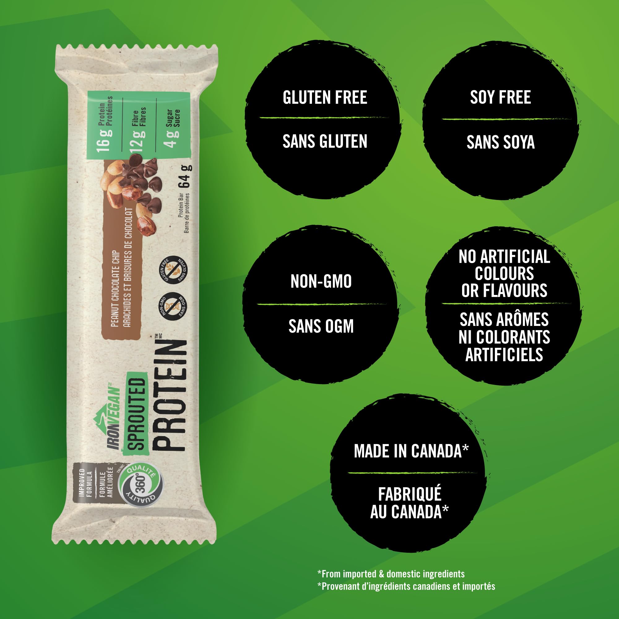 Iron Vegan Sprouted Protein Bars | Peanut Chocolate Chip Flavour | 12 Pack 🍁 All In One Marketplace Canada