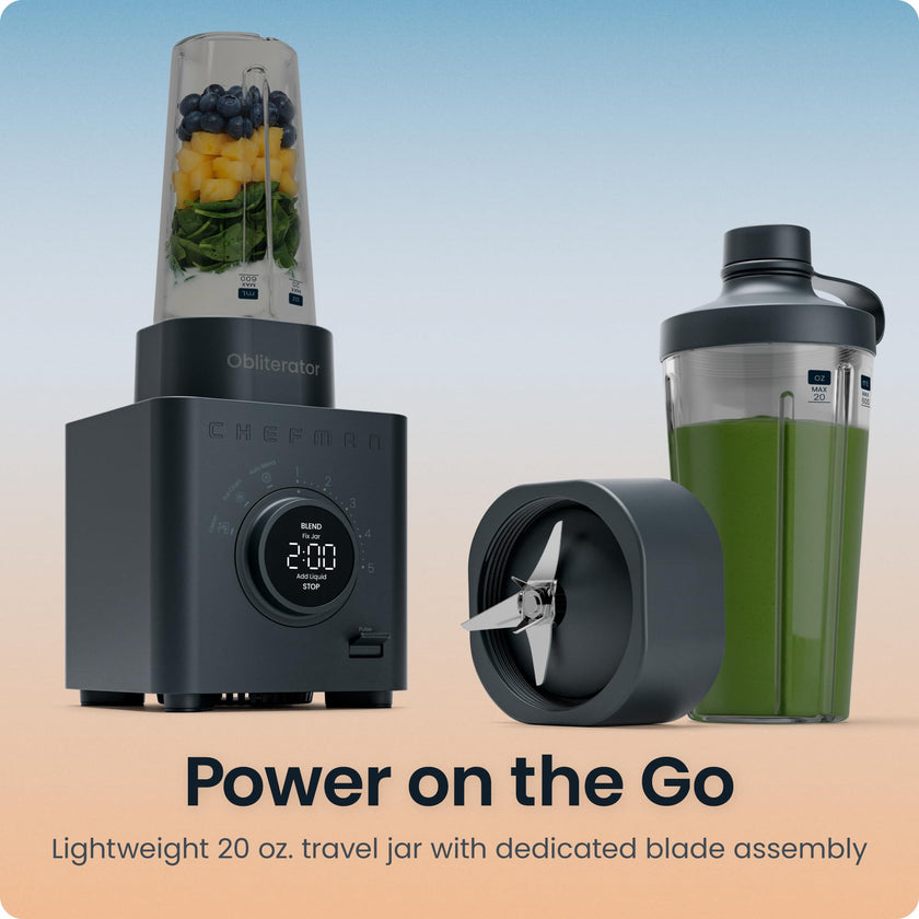 Chefman Obliterator 48 oz Countertop Blender for Smoothies, 1380W Motor to Crush Ice, Nuts, and Frozen Fruit with Stainless Steel Blade, Auto Blend Function, Includes 20 oz Travel Jar - Midnight 🍁 All In One Marketplace Canada