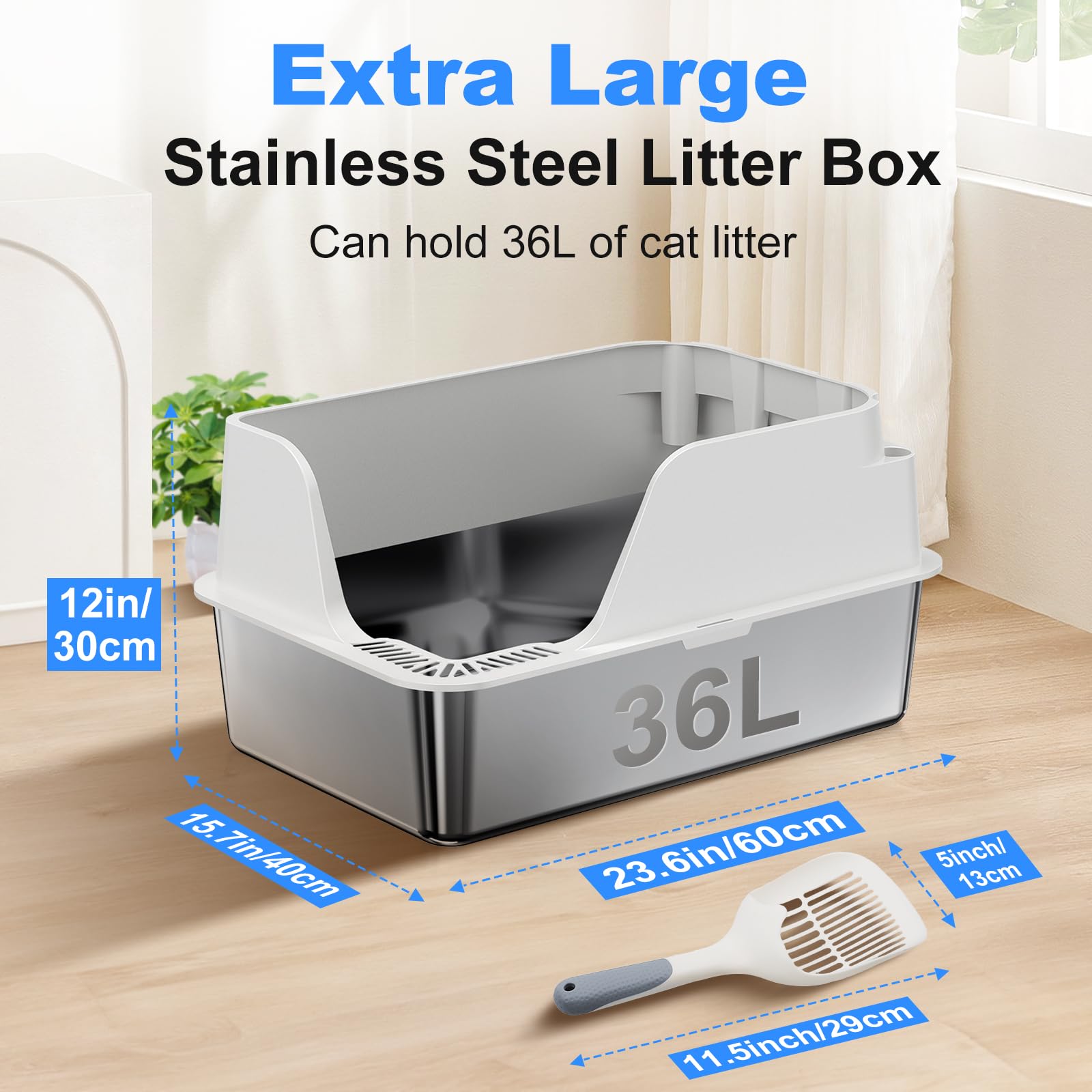 Stainless Steel Cat Litter Box with Lid, XL for Big Cats, High Sided Metal Litter Pan, Anti Leakage,Odor-Free & Easy Cleaning,Included Scoop &Trash Bag*2 & Mat & Sticker (White) 🍁 All In One Marketplace Canada