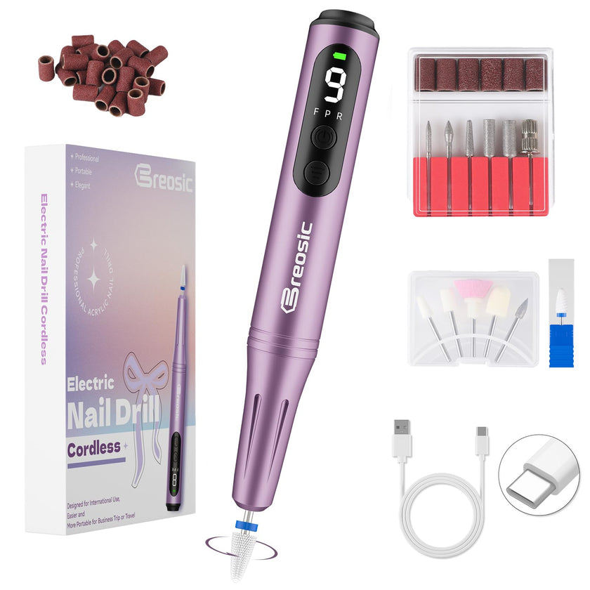 Breosic Electric Nail Drill 35000RPM,12-in-1 Nail File Portable USB-Rechargeable Cordless Nail Drill Professional with 9-Speed & LED Display Manicure Pedicure Nail Kits for Acrylic & Gel Nails(Purple) 🍁 All In One Marketplace Canada