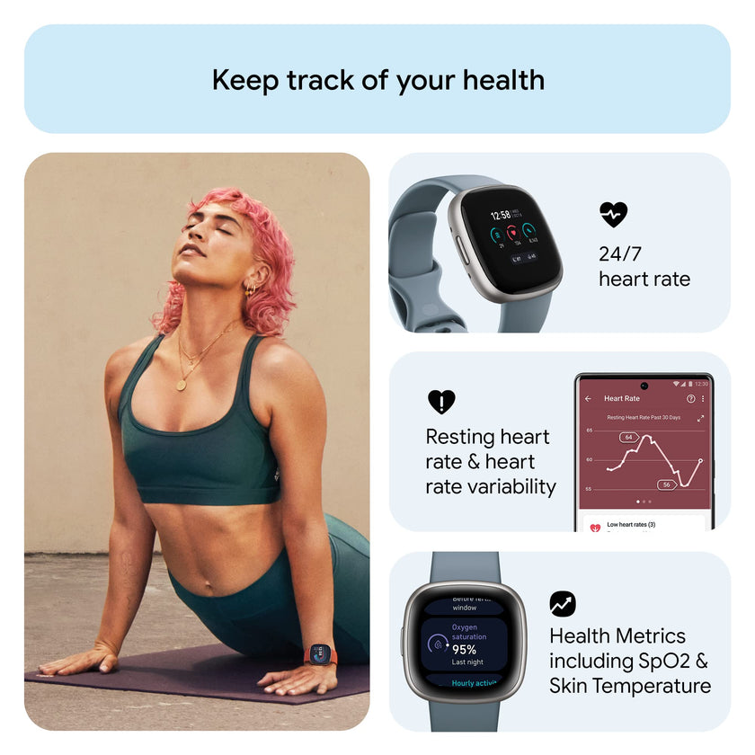 Google Fitbit Versa 4 Fitness Smartwatch with Daily Readiness, Gps, 24/7 Heart Rate, 40+ Exercise Modes, Sleep Tracking and More, Waterfall Blue/platinum, One Size (S and L Bands Included) 🍁 All In One Marketplace Canada