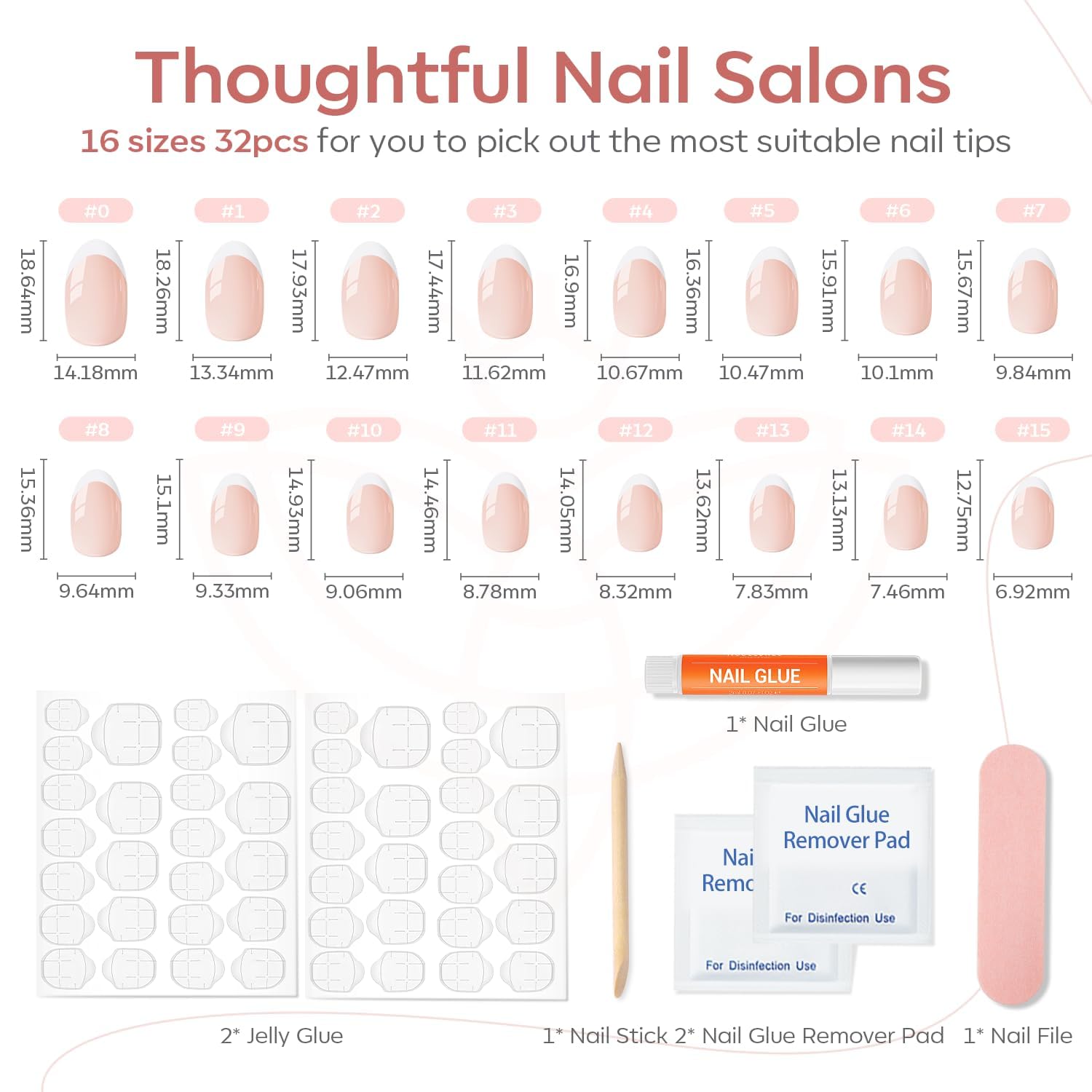 Modelones French Tip Press On Nails, Short Oval Fake Nails Press Ons with Nail Glue, Adhesive Tabs, Nail File, Prep Pad, Manicure Stick, 32Pcs 16 Sizes, Nude, Valentines 🍁 All In One Marketplace Canada