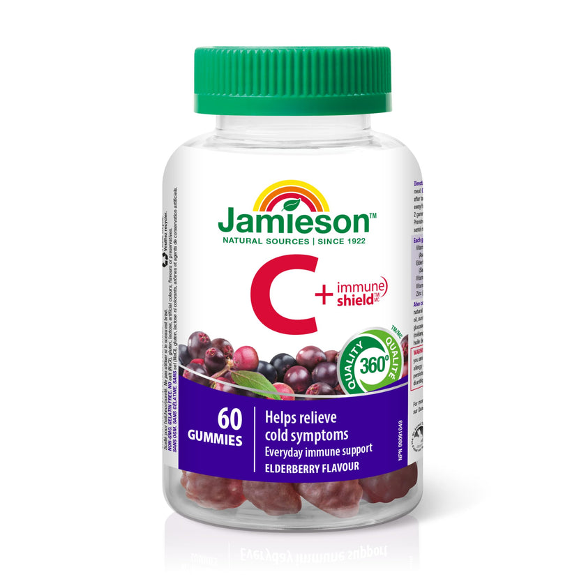 Jamieson Vitamin C + Immune Shield, 60 Gummies, Natural Elderberry Flavour. With Elderberry and Zinc. Supports Immune Health, Relieves Early Cold Symptoms, Family Friendly (3+) 🍁 All In One Marketplace Canada
