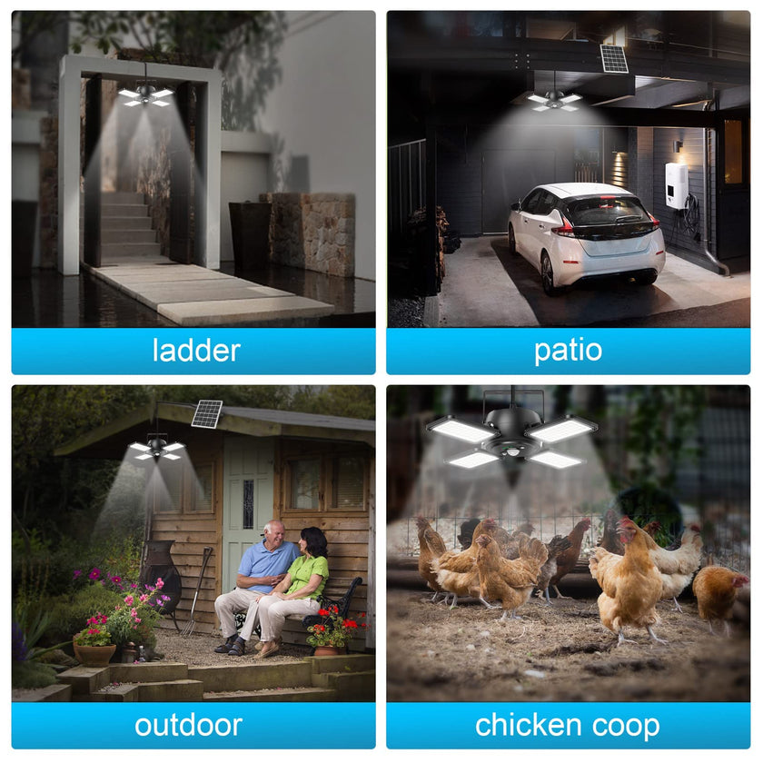Solar Pendant Light Outdoor Indoor Solar Powered Motion Sensor Shed Light,144LED 1200LM Daytime Work Light with 5 Lighting Modes Remote Control 4 Heads Light for Garage Gazebo Barn 🍁 All In One Marketplace Canada