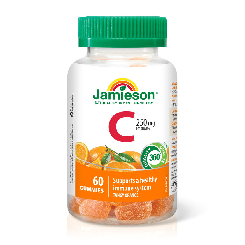 Jamieson Vitamin C 250 mg, 60 Gummies, Natural Tangy Orange Flavour. Supports Immune Health, Strong Teeth and Bones. Family Friendly (3+), Vegetarian, Non-GMO, Gelatin-Free 🍁 All In One Marketplace Canada