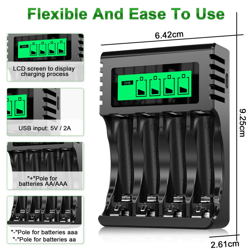 POWEROWL AA AAA Rechargeable Battery Charger, 4 Bay LCD Smart Battery Charger for Ni-MH AA AAA Rechargeable Batteries, Independent Slot & USB Fast Charging 🍁 All In One Marketplace Canada