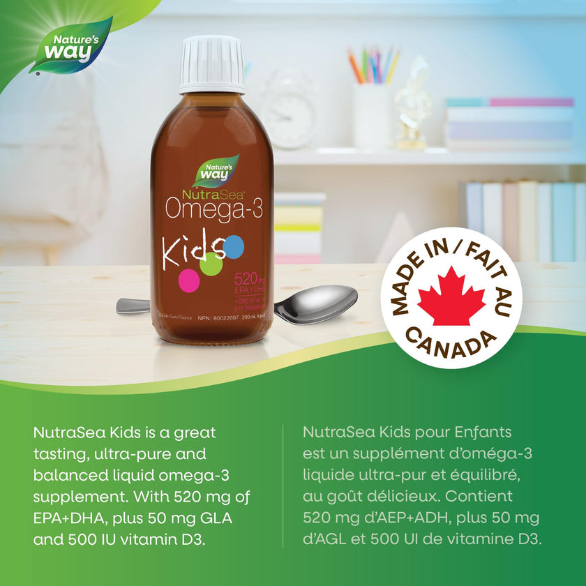 Nature's Way NutraSea Kids Omega 3 + Vitamin D Fish Oil Liquid Supplement for Kids Ages 1 to 14 – Bubblegum Flavour – Brain, Eye & Bone Support – EPA & DHA + GLA + D3, 200 mL 🍁 All In One Marketplace Canada