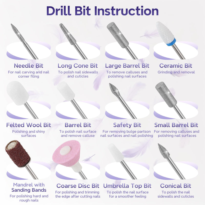 Breosic Electric Nail Drill 35000RPM,12-in-1 Nail File Portable USB-Rechargeable Cordless Nail Drill Professional with 9-Speed & LED Display Manicure Pedicure Nail Kits for Acrylic & Gel Nails(Purple) 🍁 All In One Marketplace Canada