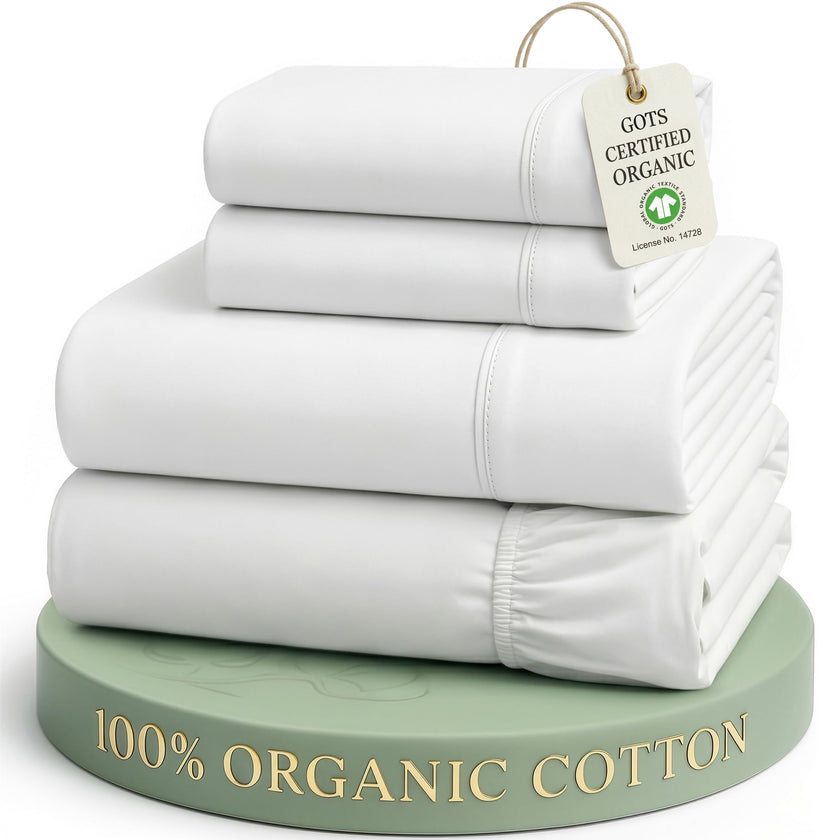 Lane Linen 100% Organic Cotton Queen Sheet Set, 4-Piece Percale Bed Sheets for Queen Bed - Soft, Breathable, Hypoallergenic, Deep Pocket Fits Mattress Up to 15