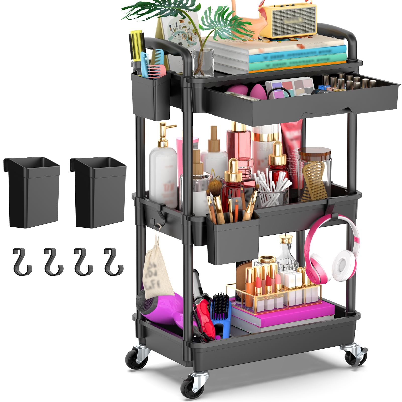 Goovilla 3 Tier Rolling Utility Cart Organizer with Removable Drawer, Stable and Sturdy Black Rolling Storage Carts with 2 Lockable Wheels for Bathroom, Kitchen, Snack, Craft, Makeup, Baby Essentials 🍁 All In One Marketplace Canada