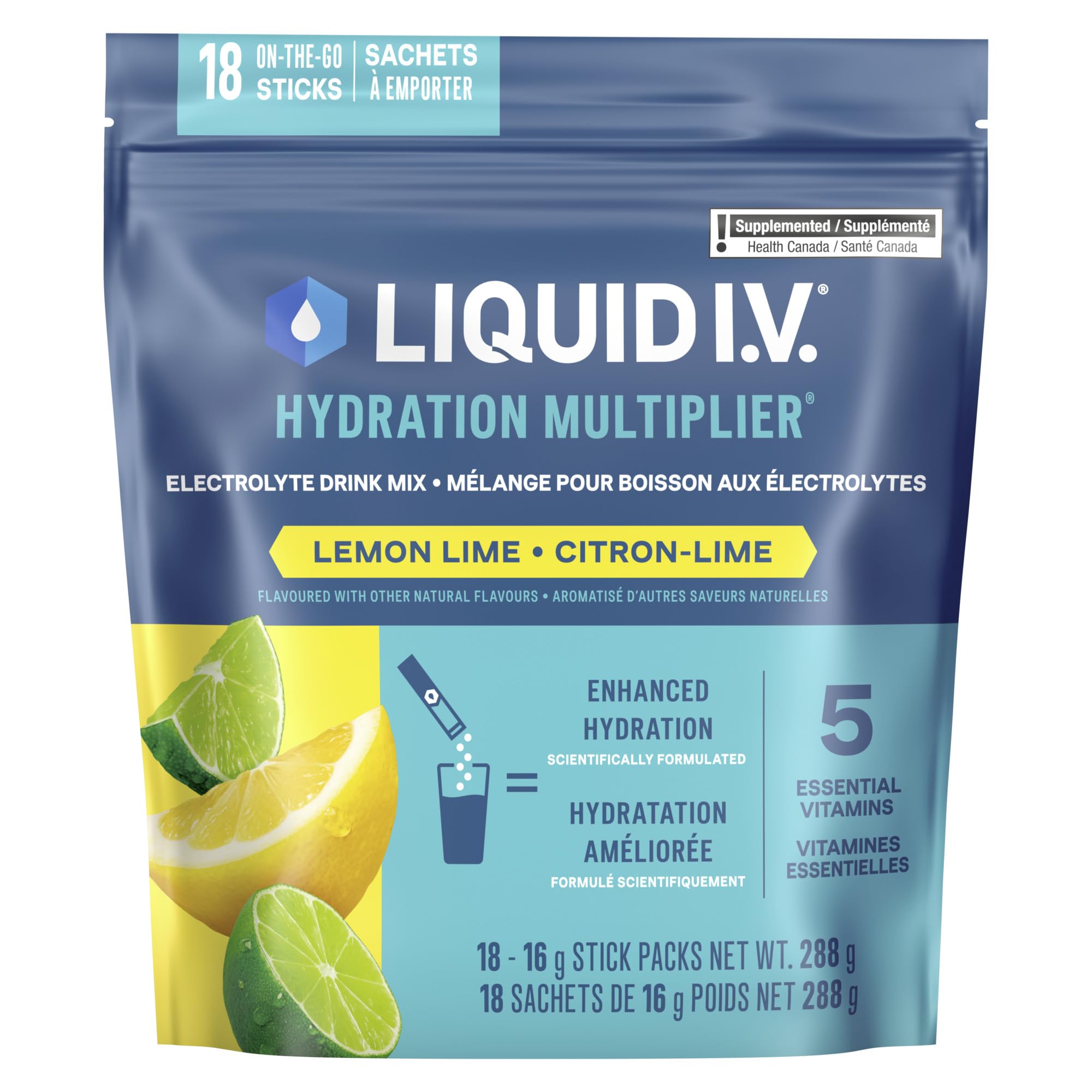Liquid I.V. Hydration Multiplier Electrolyte Drink Mix - Enhanced Hydration Electrolyte Powder with Vitamins B3, B5, B6, B12 and C -18x On-the-go Sticks for Workout and Travel - Lemon Lime 🍁 All In One Marketplace Canada