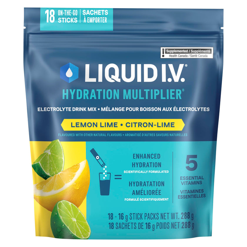 Liquid I.V. Hydration Multiplier Electrolyte Drink Mix - Enhanced Hydration Electrolyte Powder with Vitamins B3, B5, B6, B12 and C -18x On-the-go Sticks for Workout and Travel - Lemon Lime 🍁 All In One Marketplace Canada