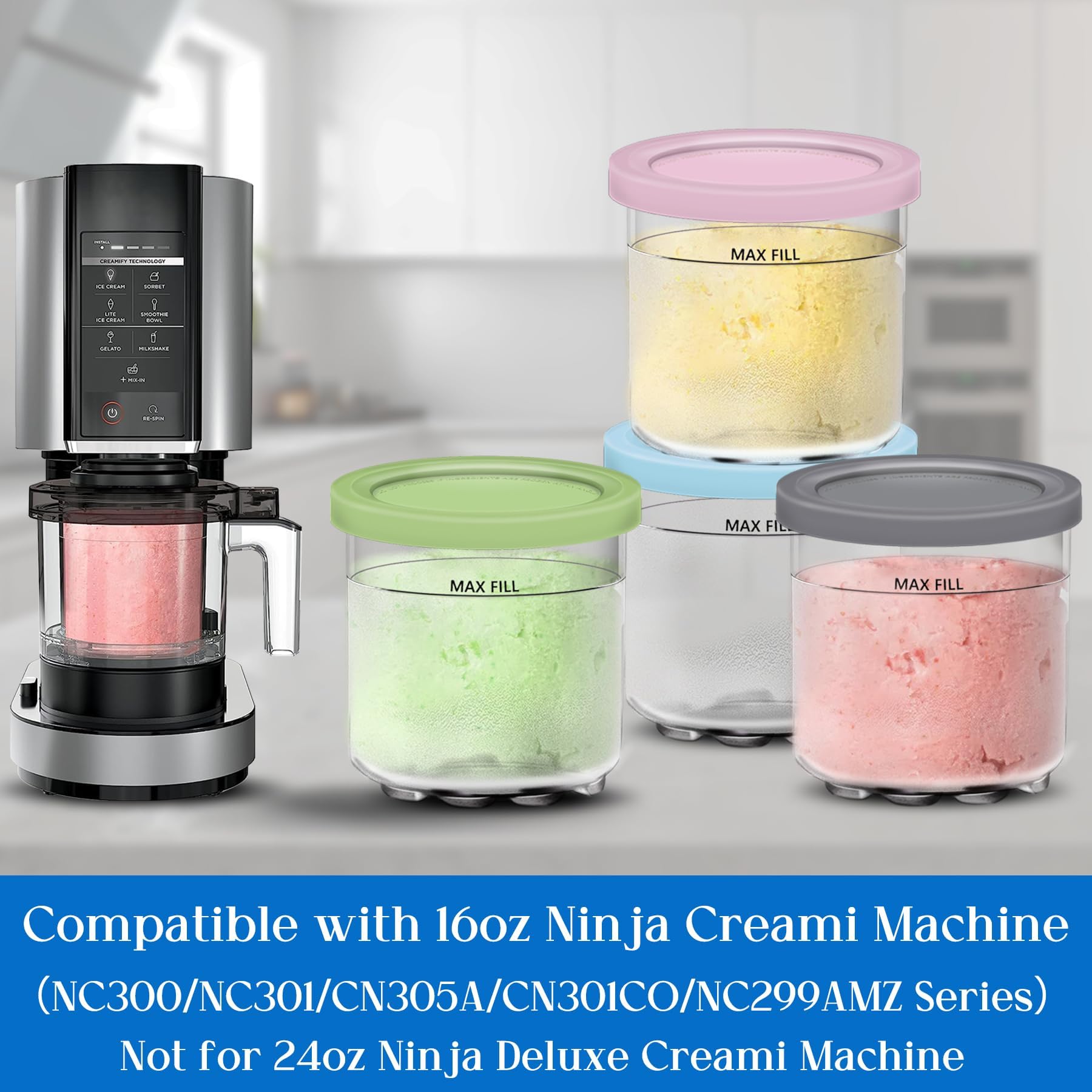 Containers Replacement for Ninja Creami Pints and Lids & Scoop - 4 Pack | Compatible with NC300/NC301/NC299AMZ Series | BPA-Free, Dishwasher-Safe, Leak-Proof Pints for Homemade Ice Cream 🍁 All In One Marketplace Canada